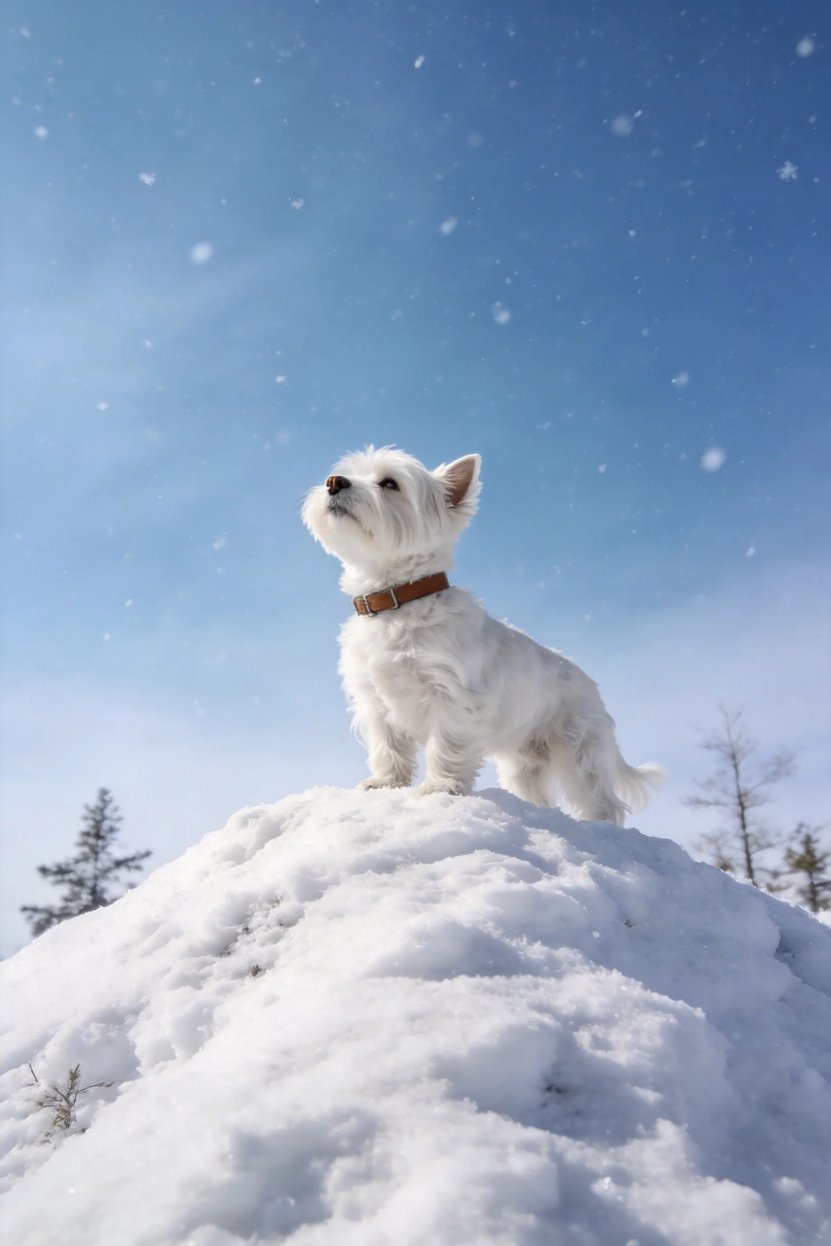 西高地白梗犬站在雪堆顶端,白色被毛与雪景融合,佩戴棕色项圈,目光向上凝视。