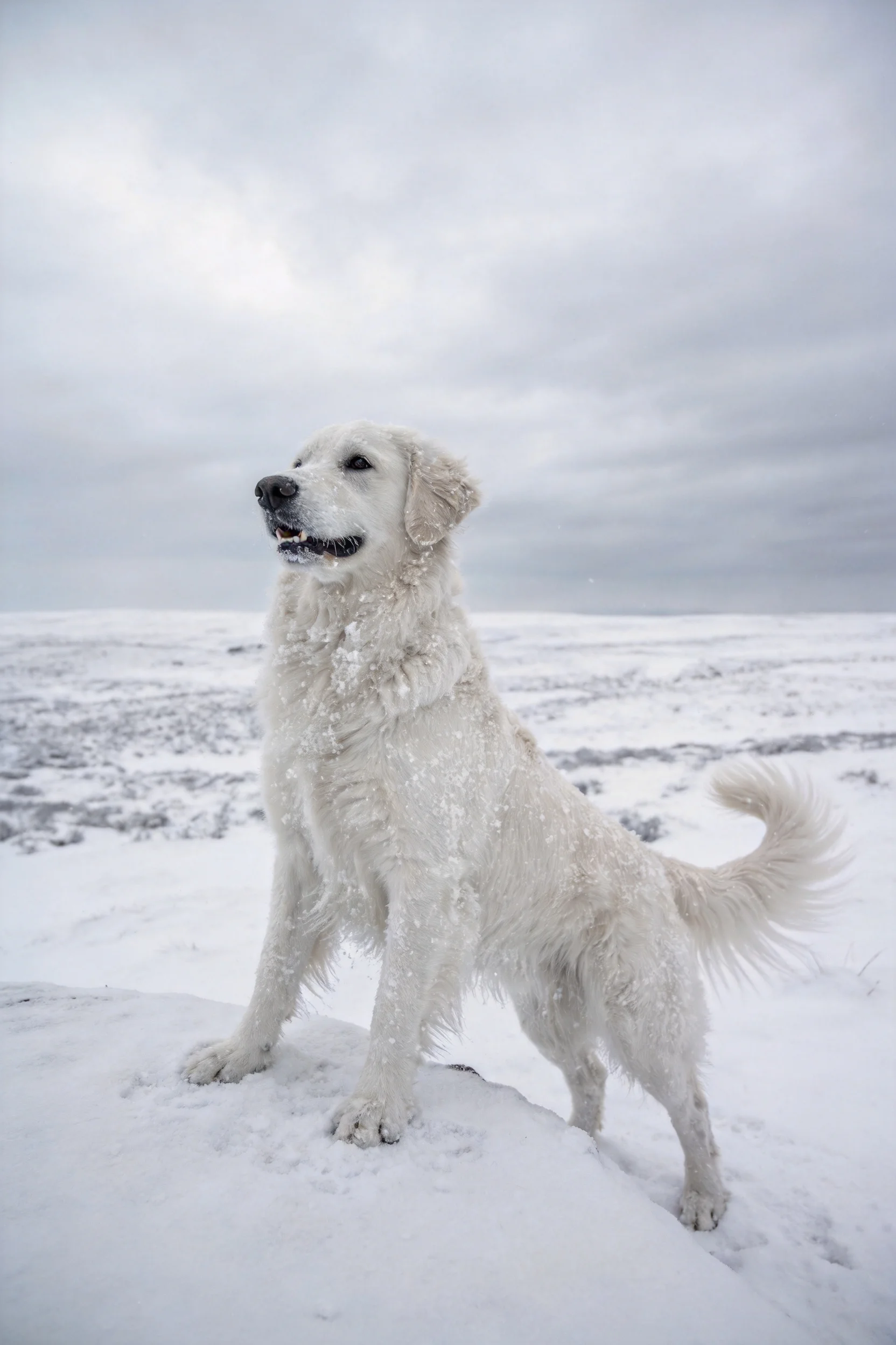 雪地中一只白金毛寻回犬,身上沾有雪花,展现出蓬松柔软的被毛。