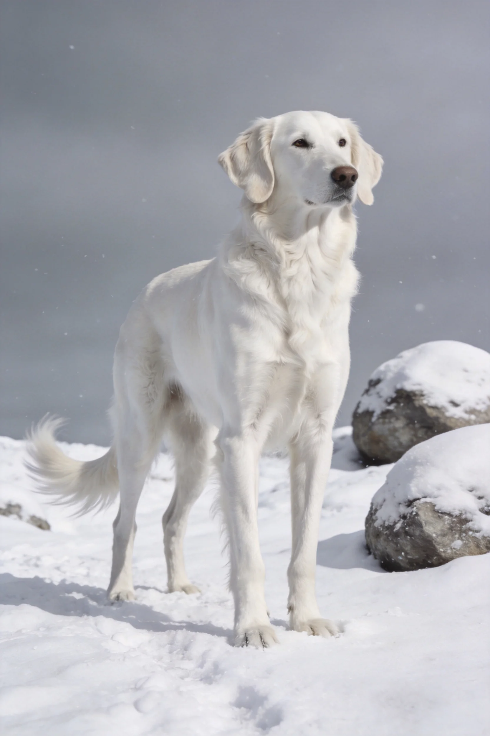 白俄罗斯猎狼犬通体雪白毛发,安静站在积雪覆盖的地面上。