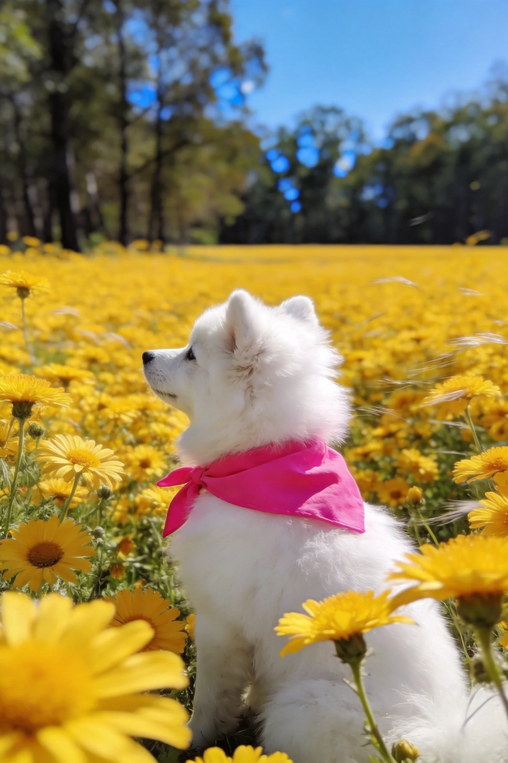 萨摩耶犬有着蓬松洁白的毛发，脖颈处系着粉色丝巾，正安静地坐在黄色花田中。