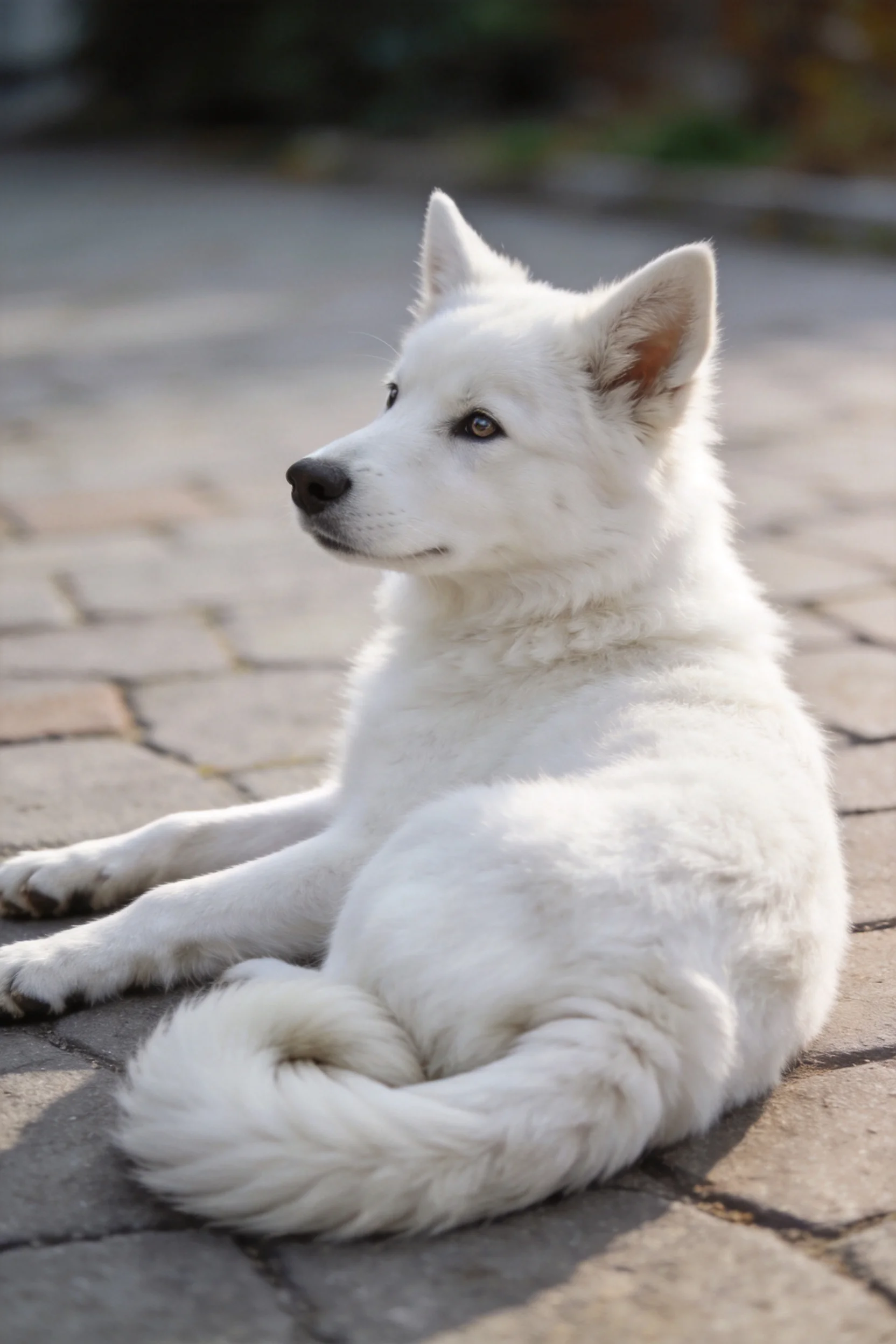 萨摩耶犬安静地坐在石板路上,有着蓬松洁白的毛发和竖立的耳朵。