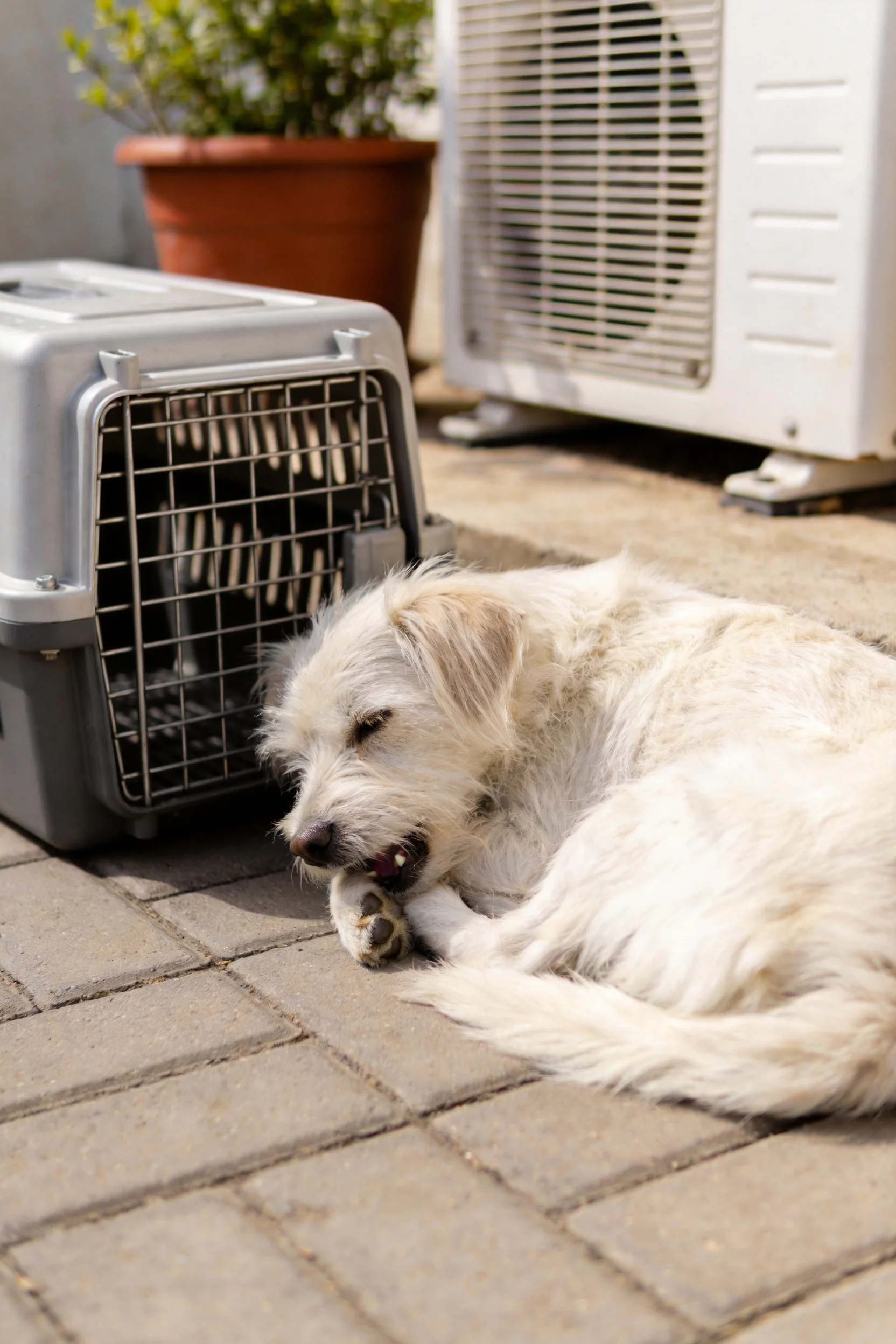 小型白色卷毛犬蜷卧在地面上,舔舐自己的前爪,身旁是银灰色宠物运输箱。