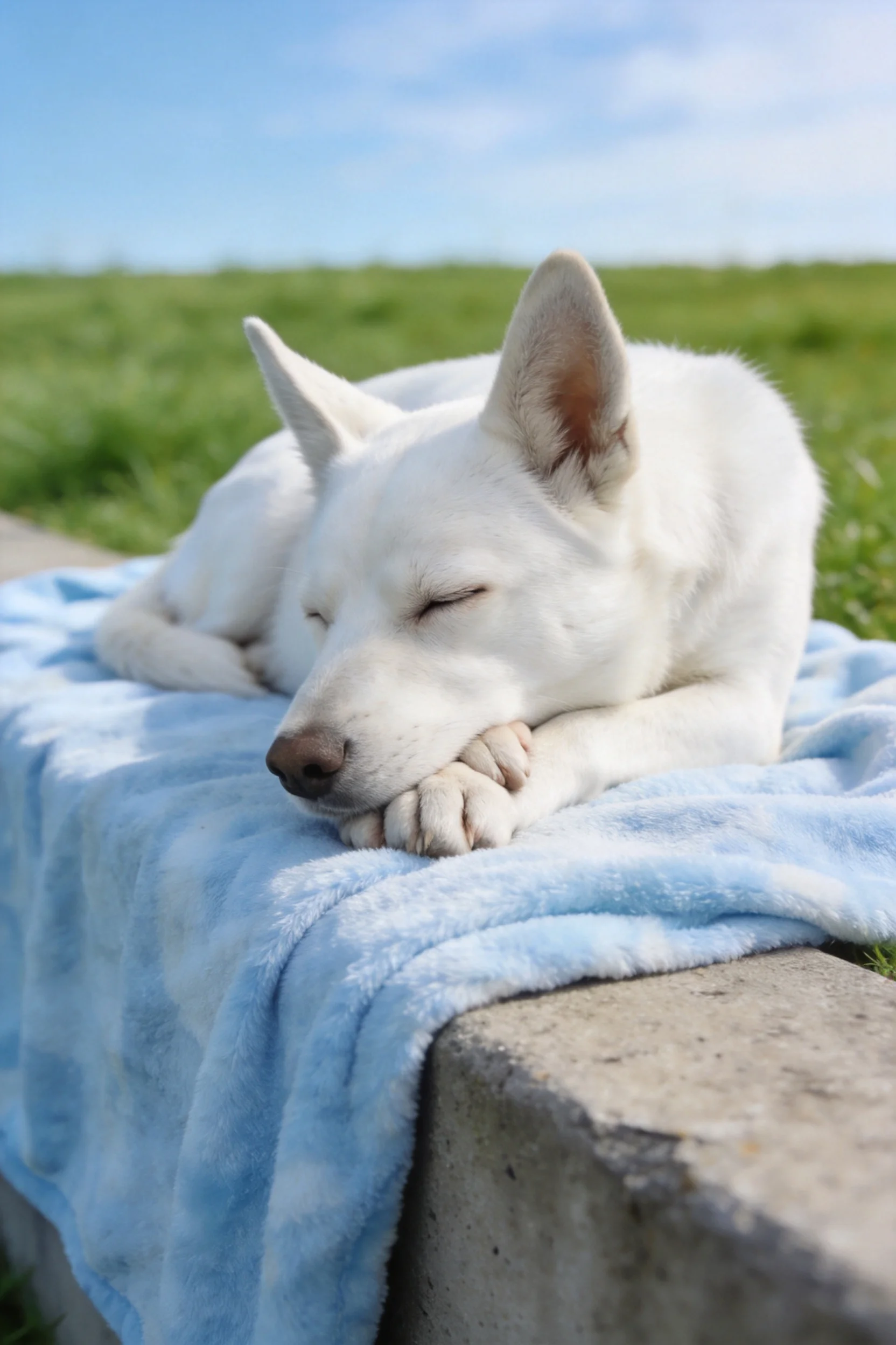 白瑞士牧羊犬白色毛发柔软贴在爪子上,安静地躺在蓝色毛毯上。