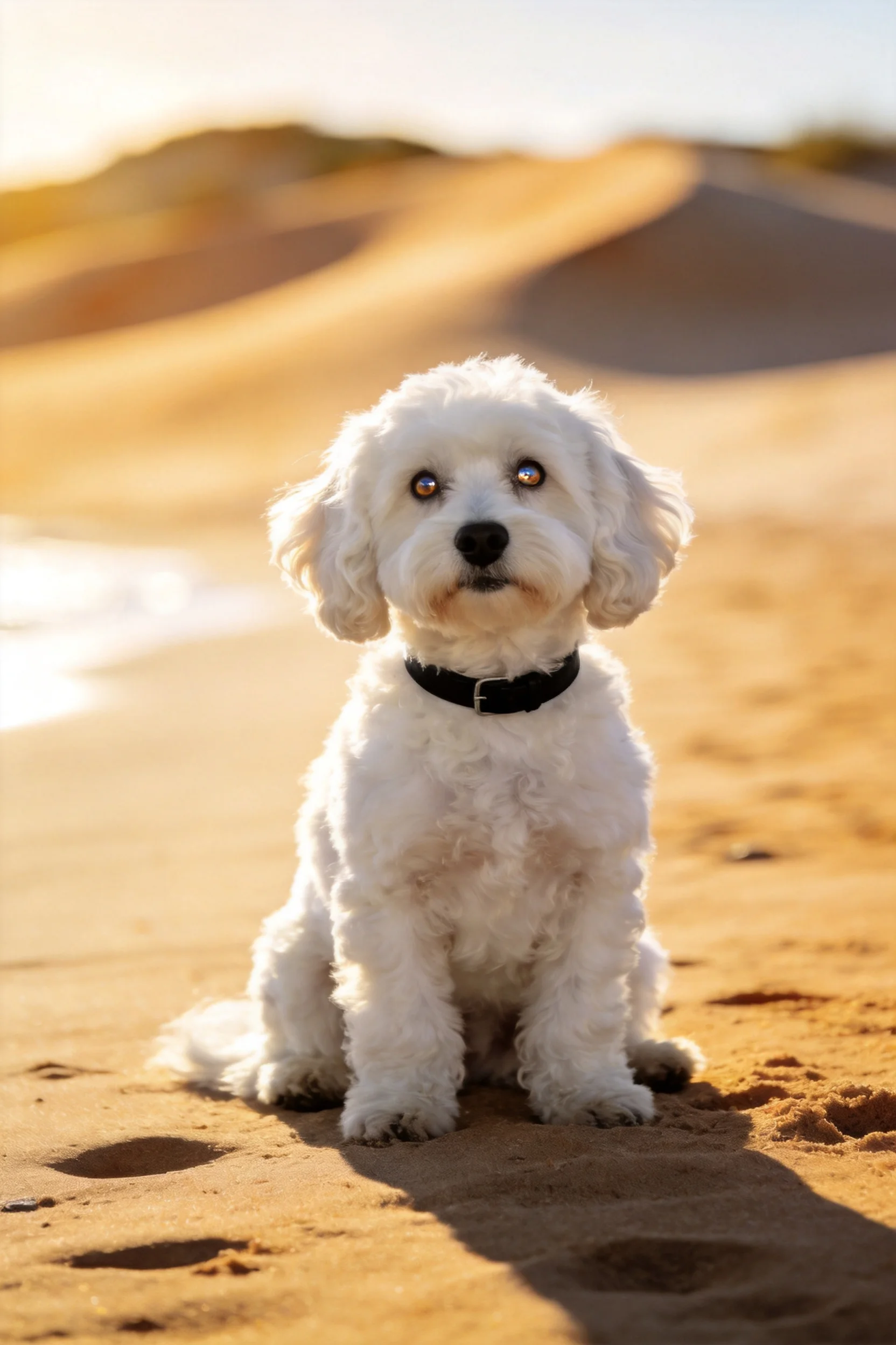 沙滩上的比雄犬有着蓬松洁白的卷毛,眼神专注注视前方。