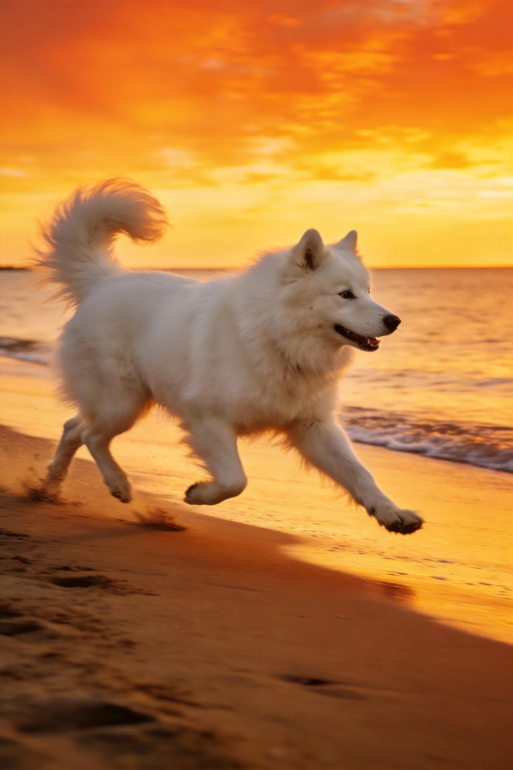 萨摩耶犬白色蓬松毛发在沙滩日落时奔跑，姿态舒展活力四溢。