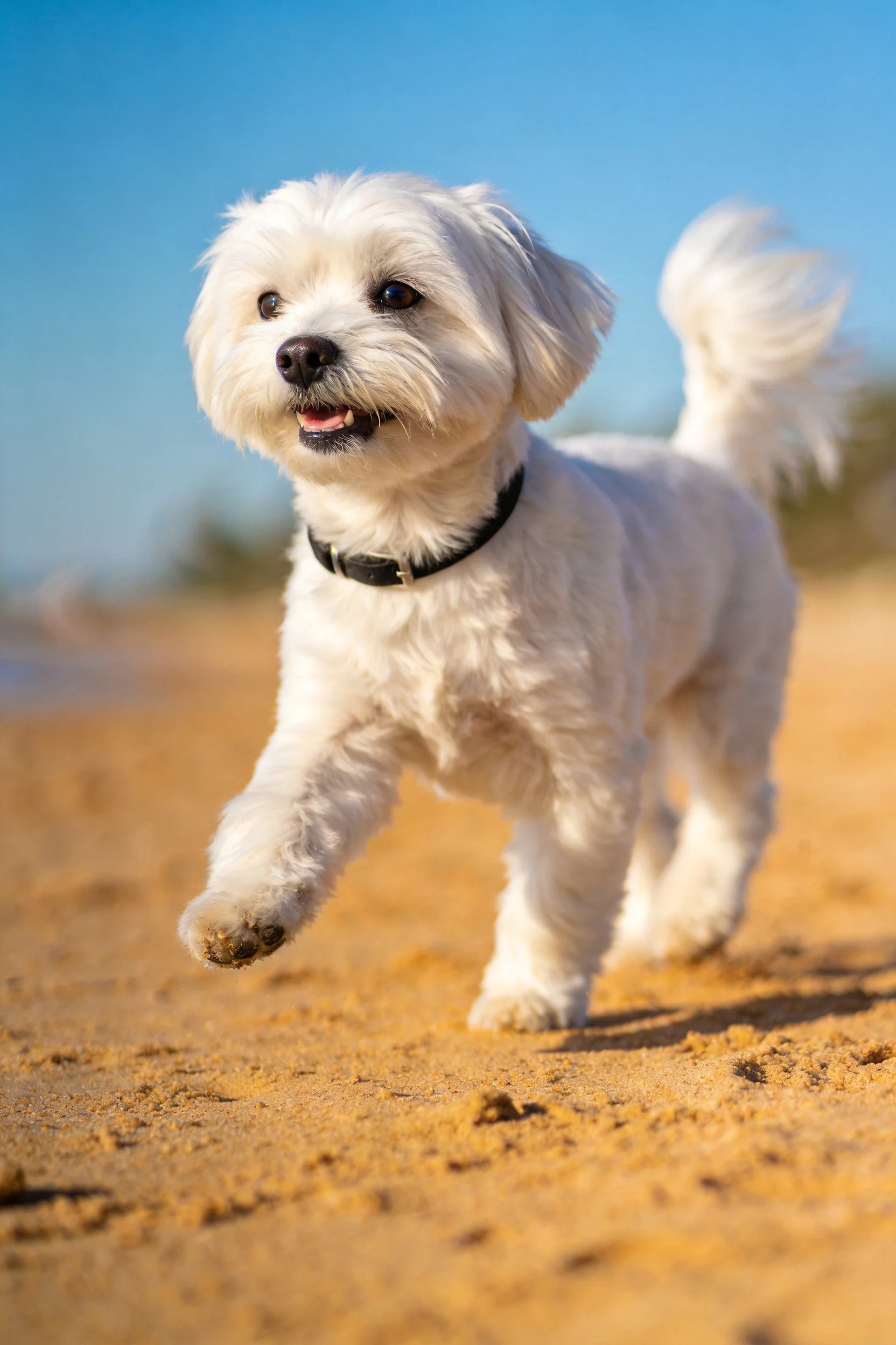 一只白色的马尔济斯犬在沙滩上奔跑,蓬松的白色卷毛清晰可见。