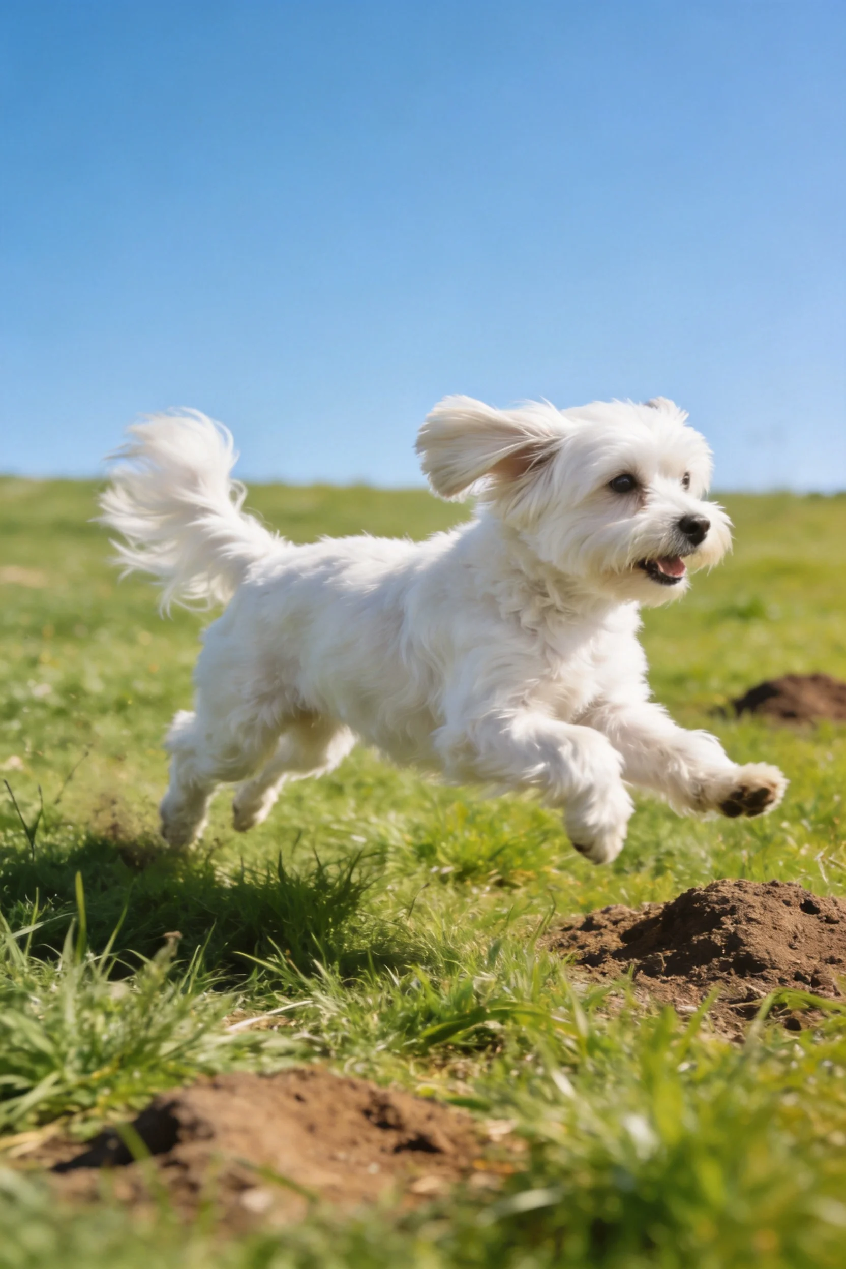 马尔济斯犬在绿色草地上奔跑,白色蓬松毛发飞扬,前爪抬起姿态灵动。