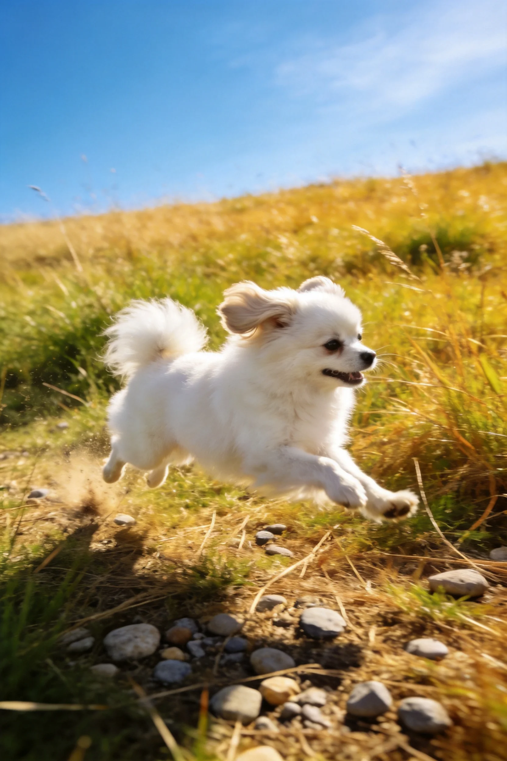 一只白色的博美犬在阳光下奔跑,蓬松的白色毛发清晰可见,四肢有力地向前伸展。