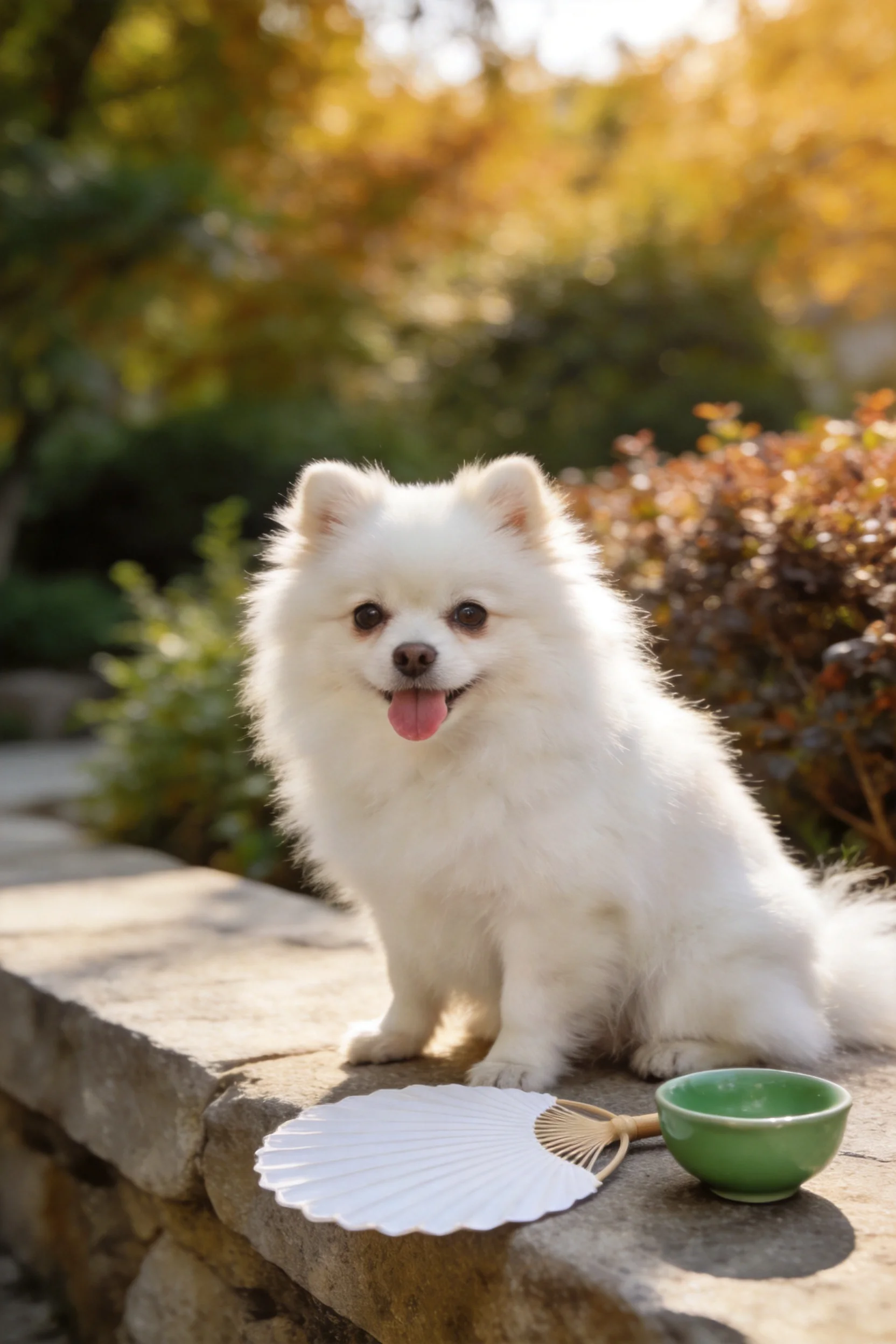 一只有有着洁白蓬松被毛的博美犬坐在石墙上，身旁有纸扇和青色小碗。