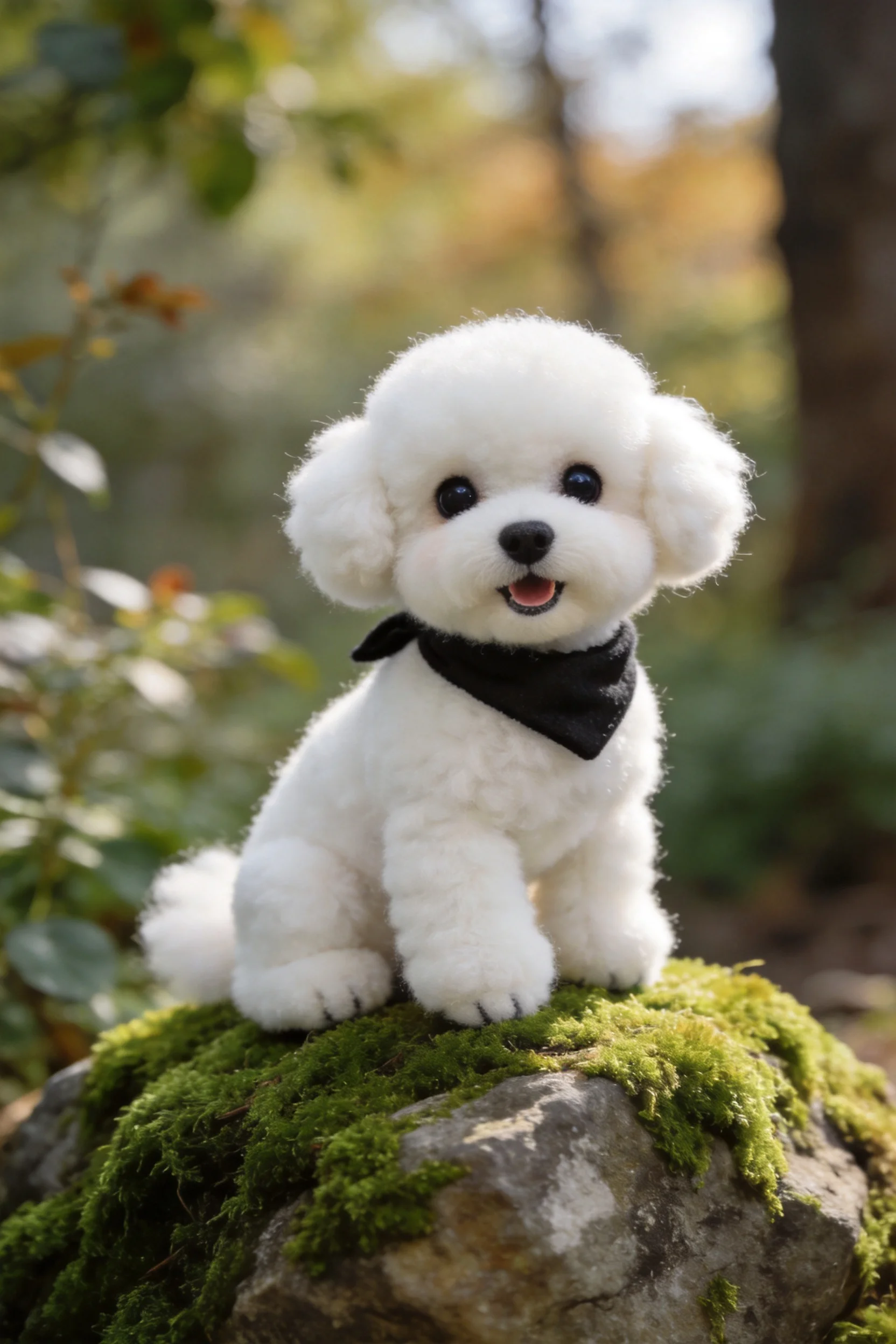 卷毛比熊犬安静地坐在苔藓岩石上,白色蓬松毛发与黑色项圈清晰可见。