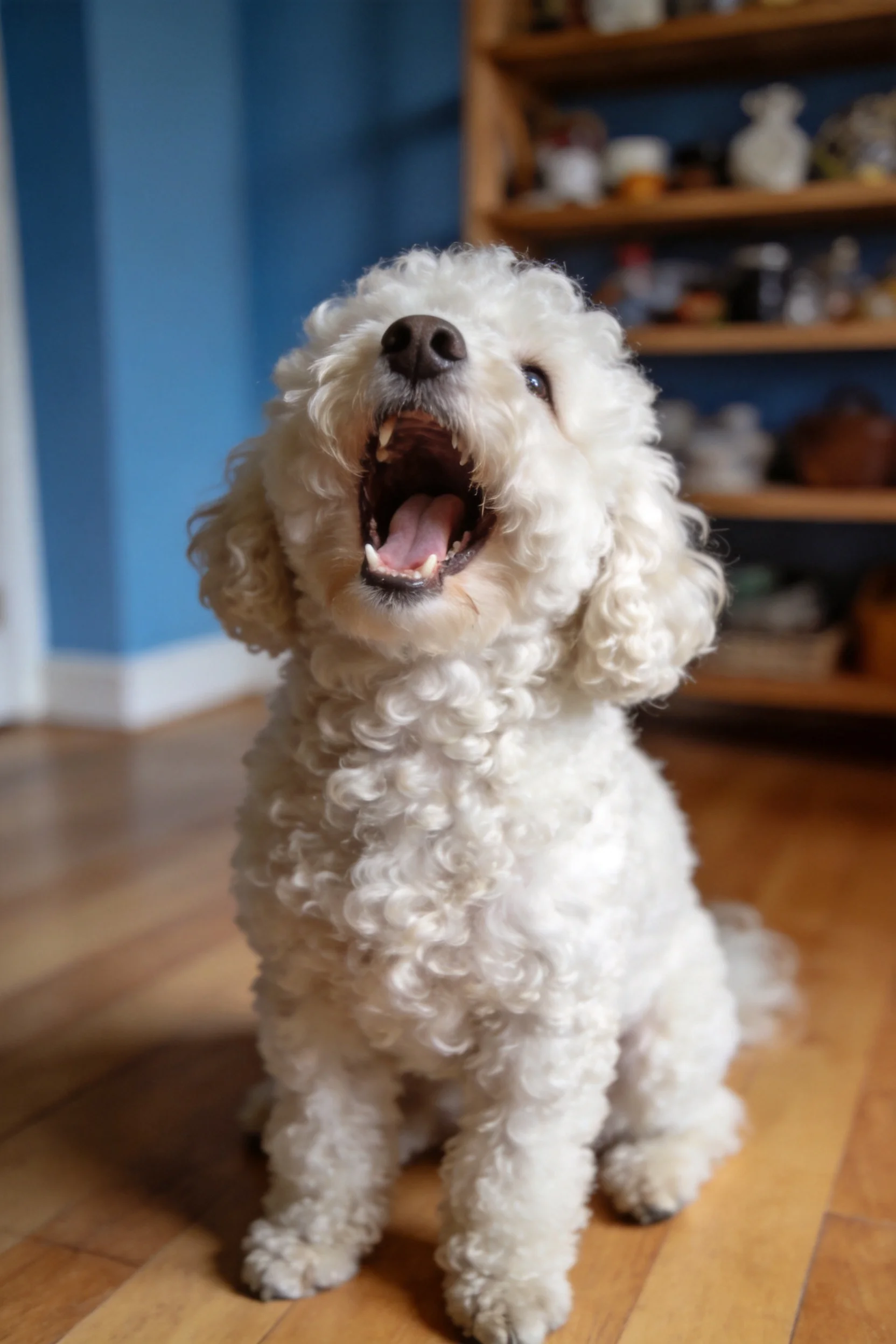 卷毛比熊犬嘴巴大张,浓密卷曲的白色毛发清晰可见,处于室内环境之中。