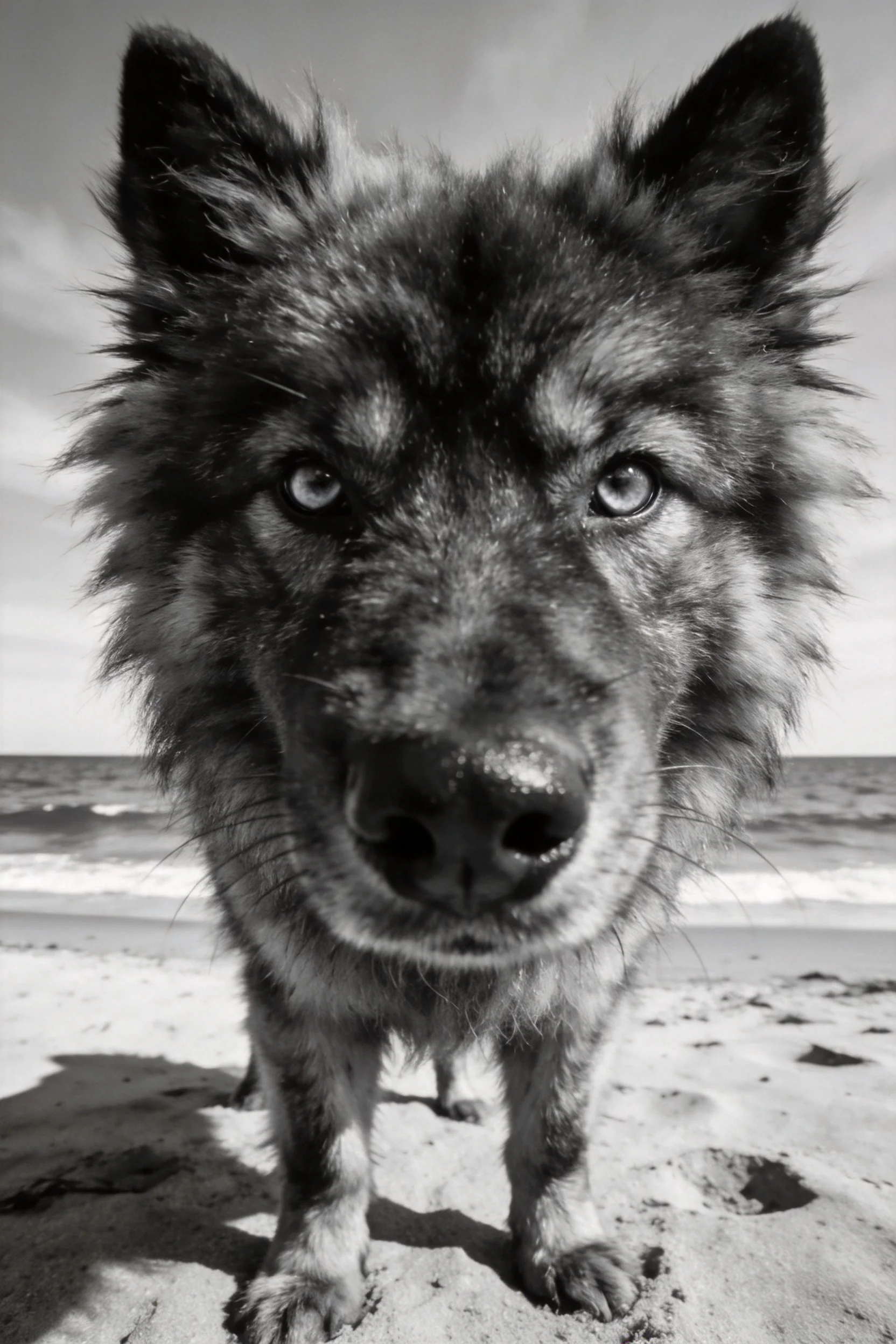 狼犬混血有着清澈的眼睛和蓬松的毛发,鼻尖沾着沙粒,站在沙滩上。