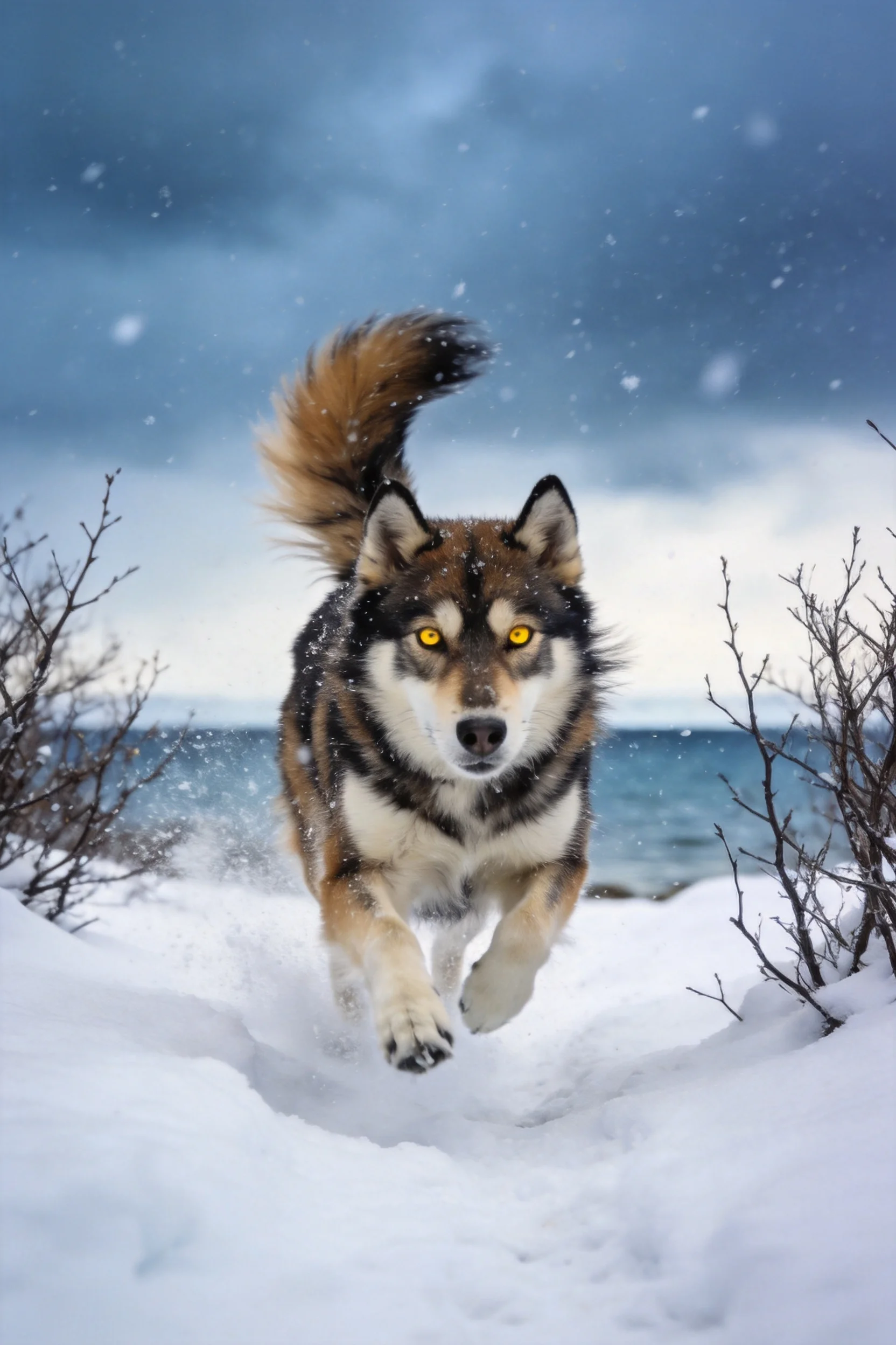 狼犬混血犬在雪地中奔跑，黄色的眼睛明亮，黑棕相间的毛发清晰可见。