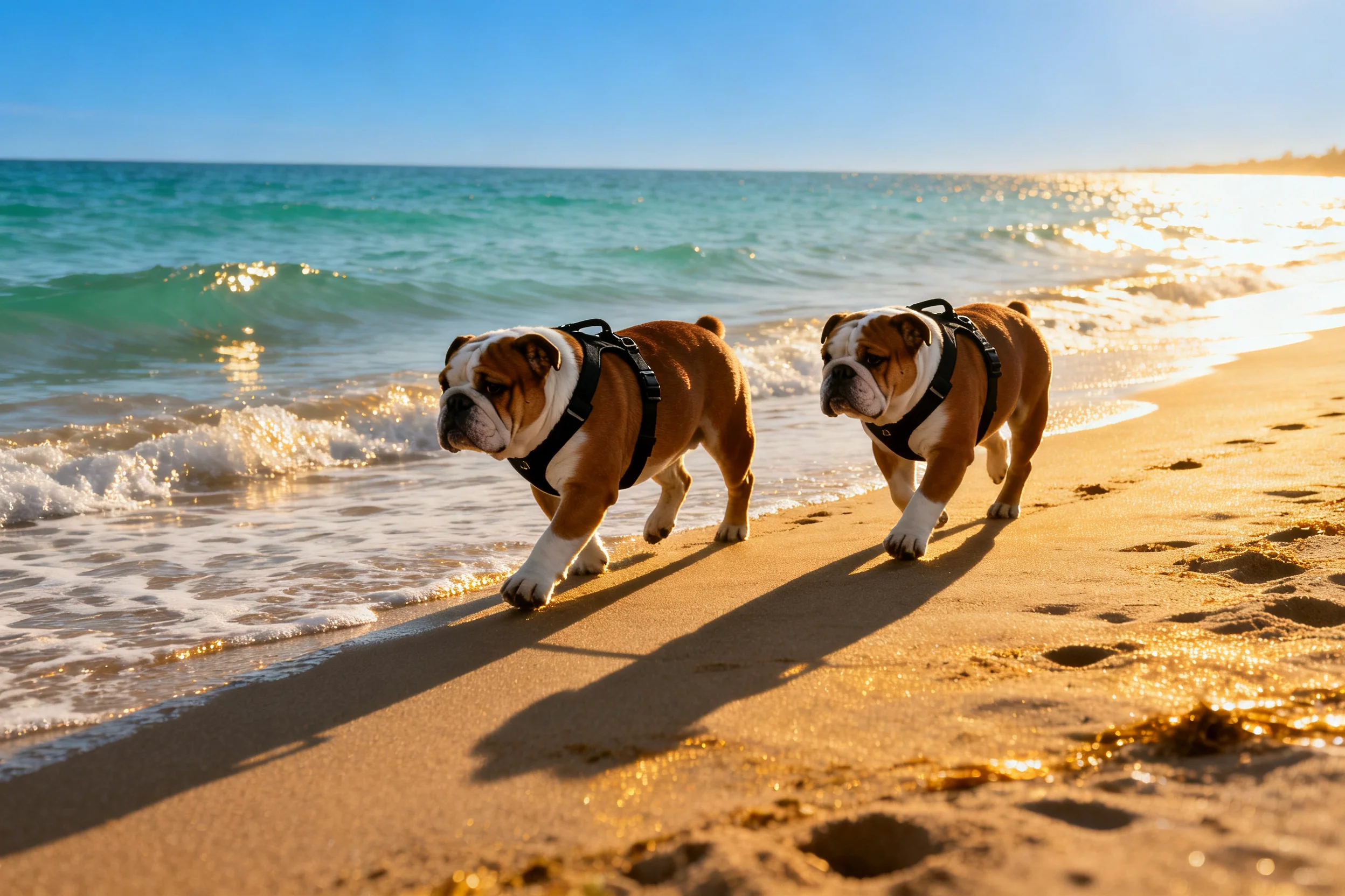 两只英国斗牛犬在沙滩上行走,棕白相间的被毛清晰可见。