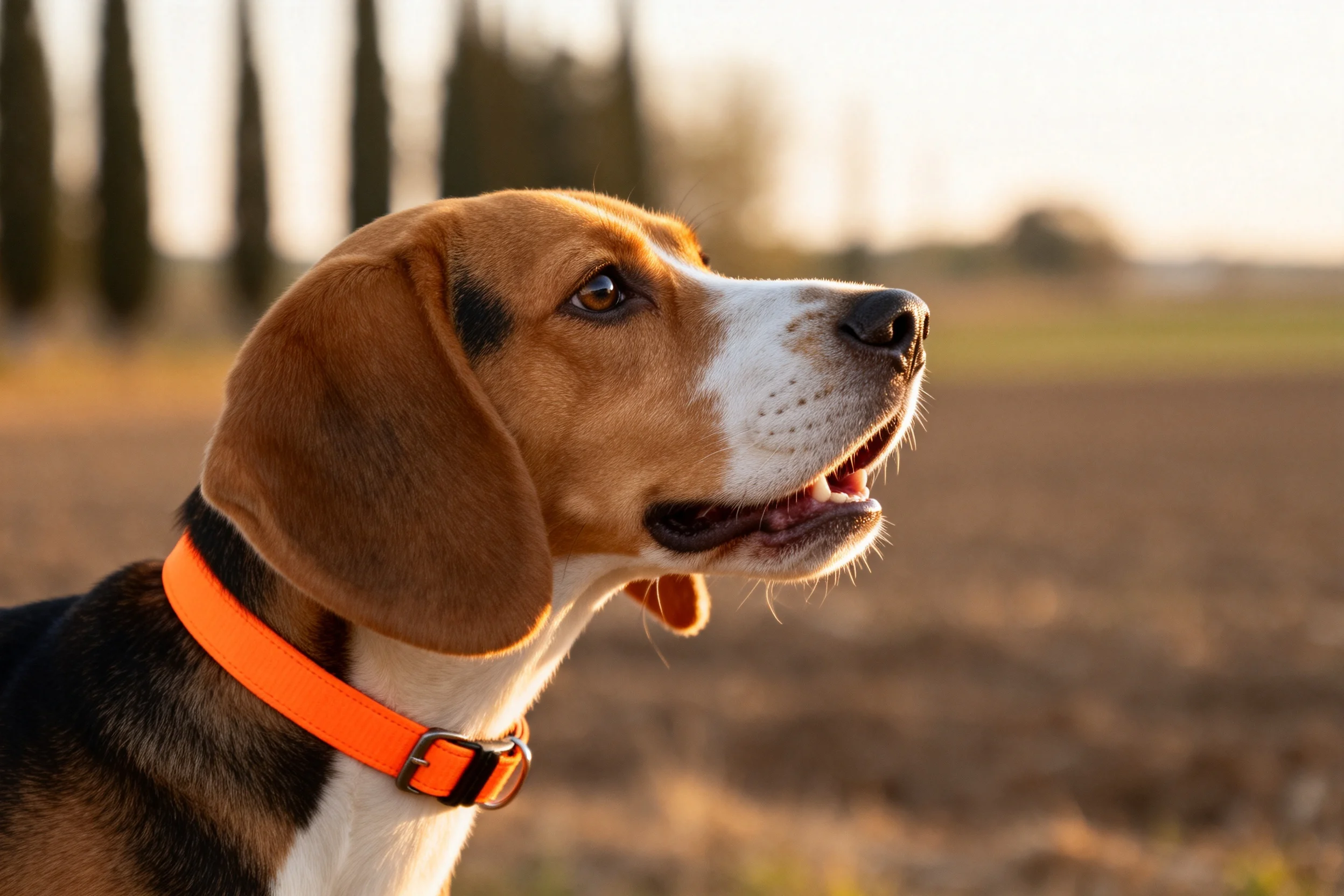比格犬戴着橙色项圈,耳朵白相间的毛发在阳光下显得格外清晰。