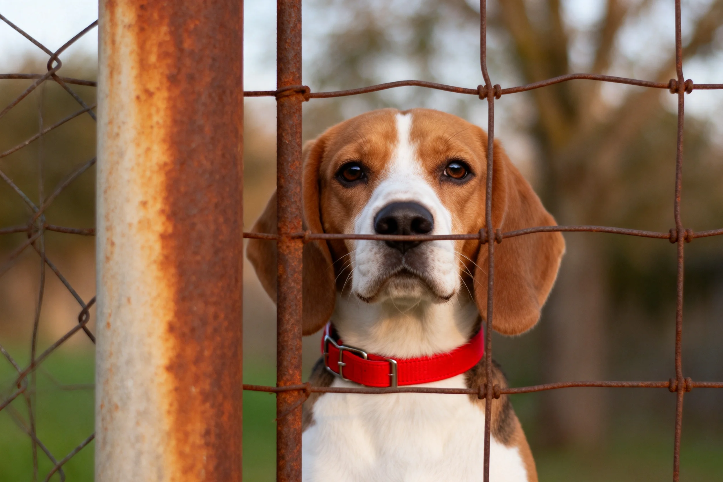 比格犬透过生锈的铁丝网网格凝视,红色项圈清晰显示。