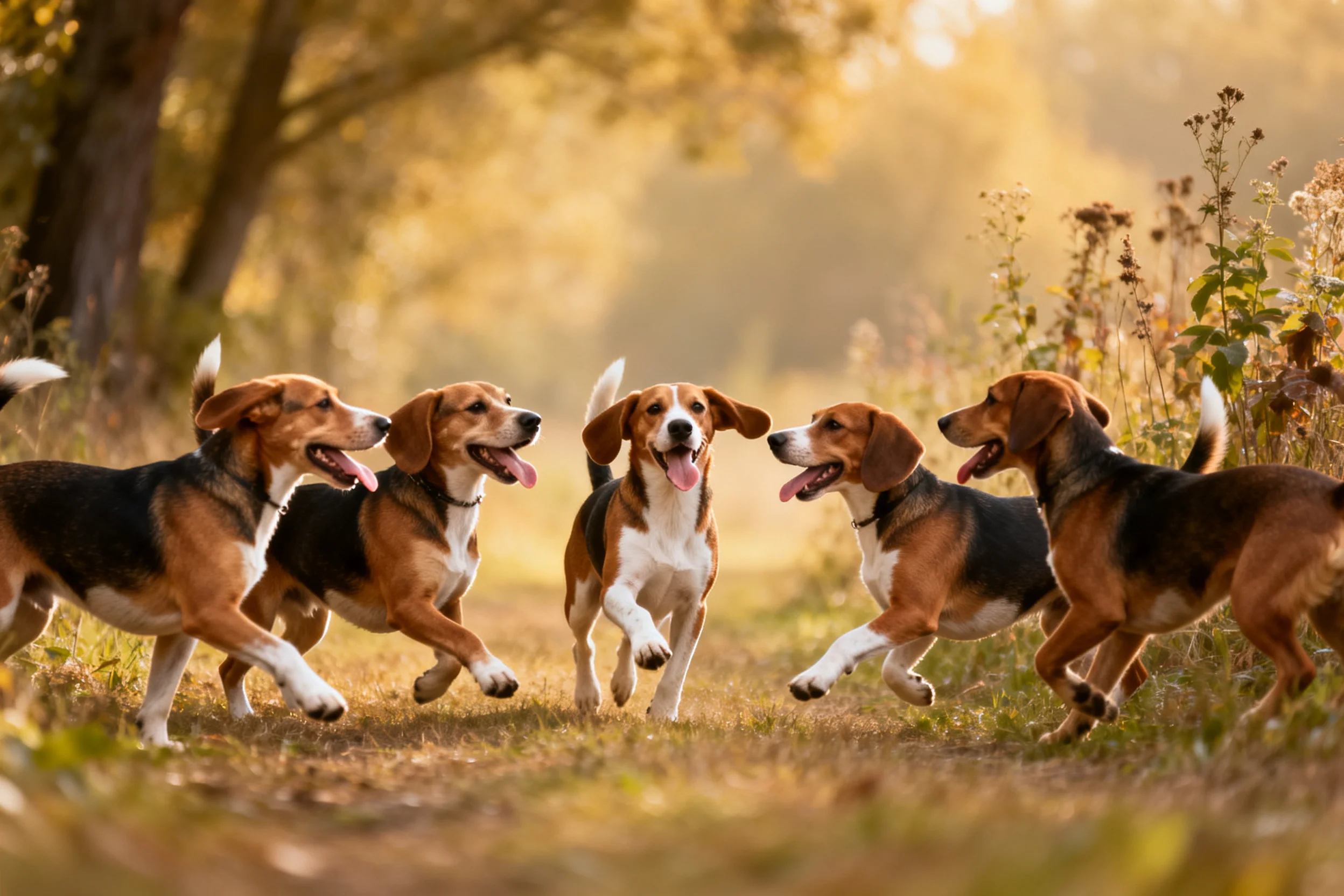 五只比格犬在林间小径奔跑,三色被毛清晰可见,姿态活泼。