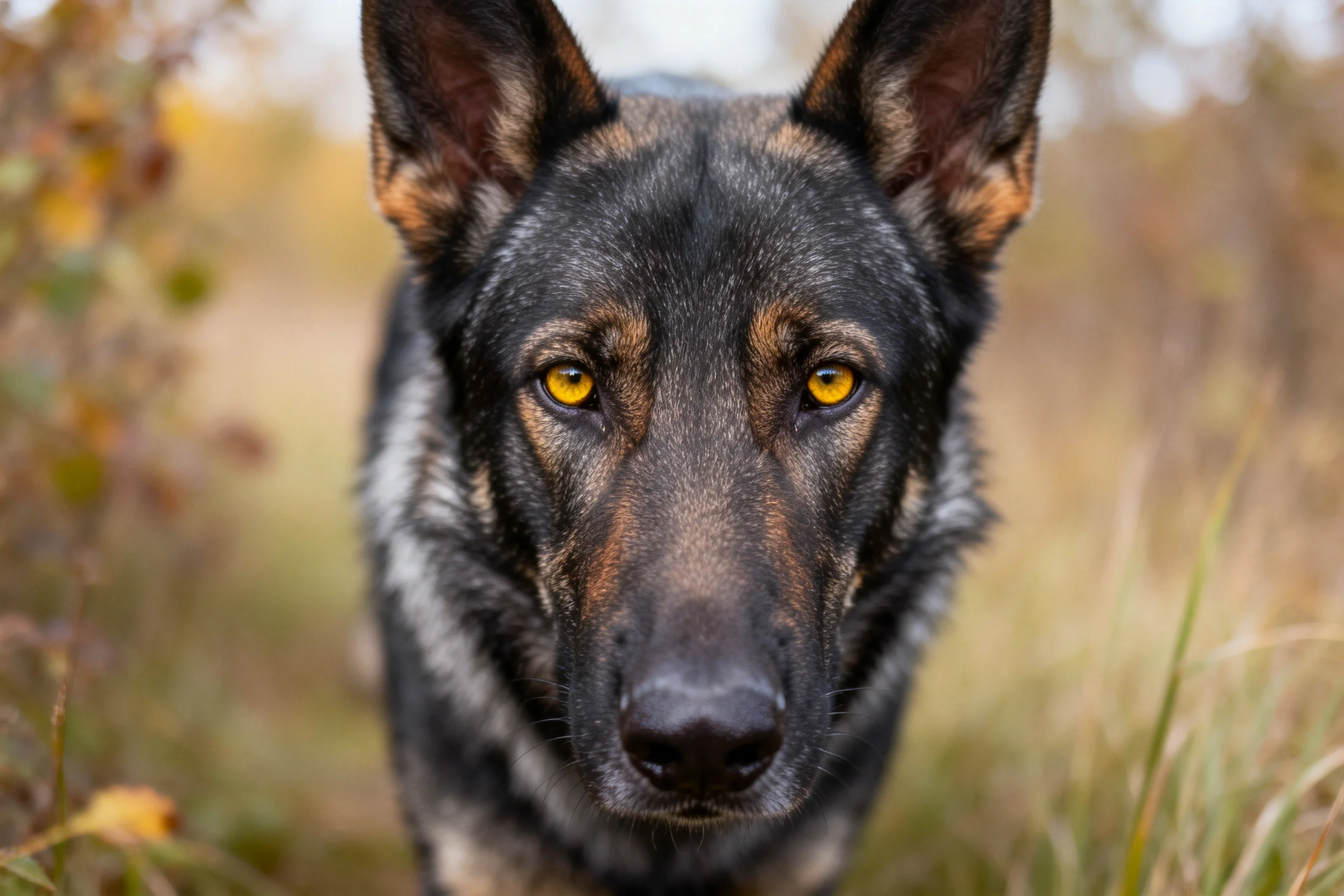 一只德牧犬拥有明亮的黄色眼睛和黑棕色毛发,正站在野外环境中。