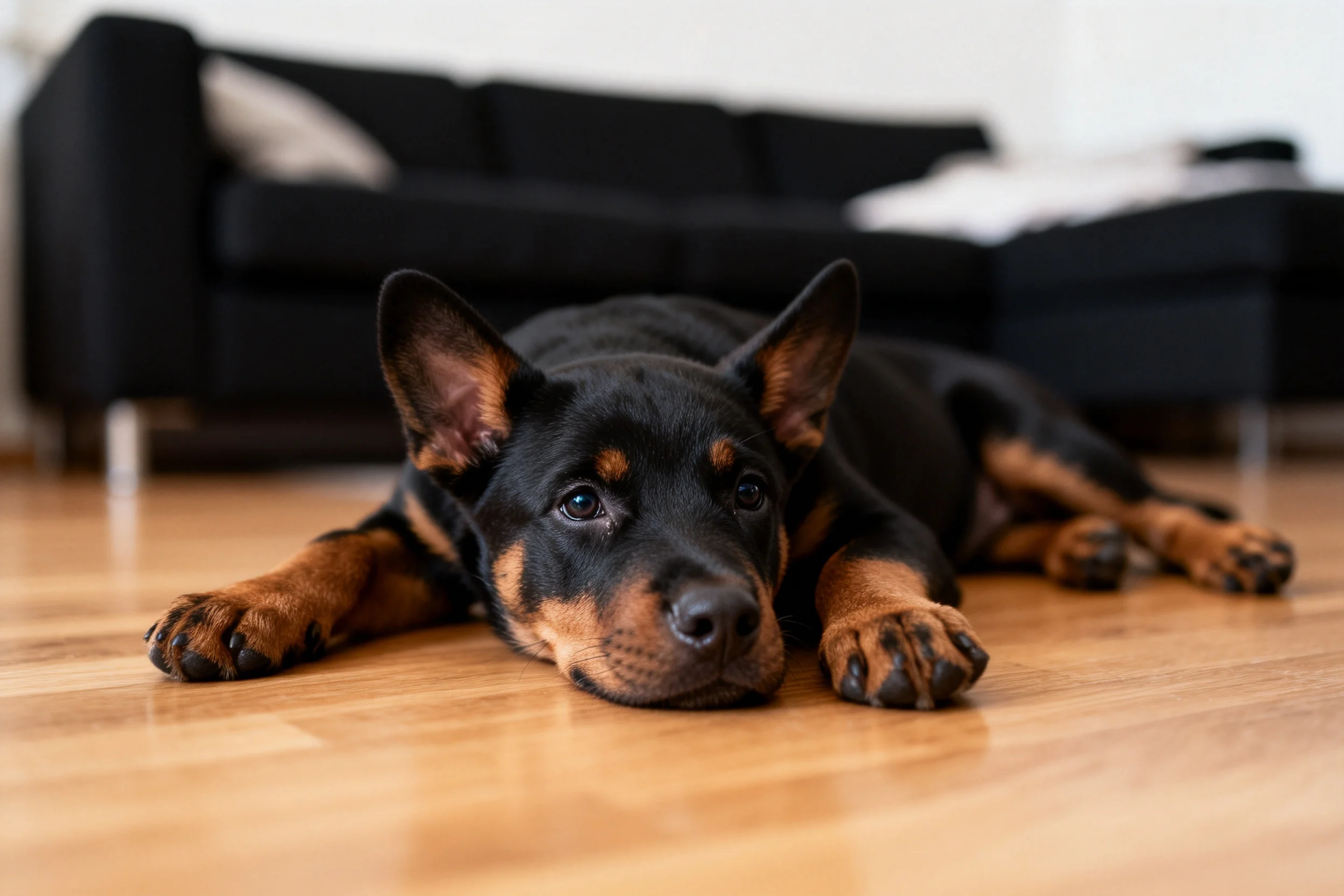 德国宾莎犬趴在木地板上,黑色的毛发带有棕色斑纹,头部轻靠在前爪处,鼻尖微微湿润。