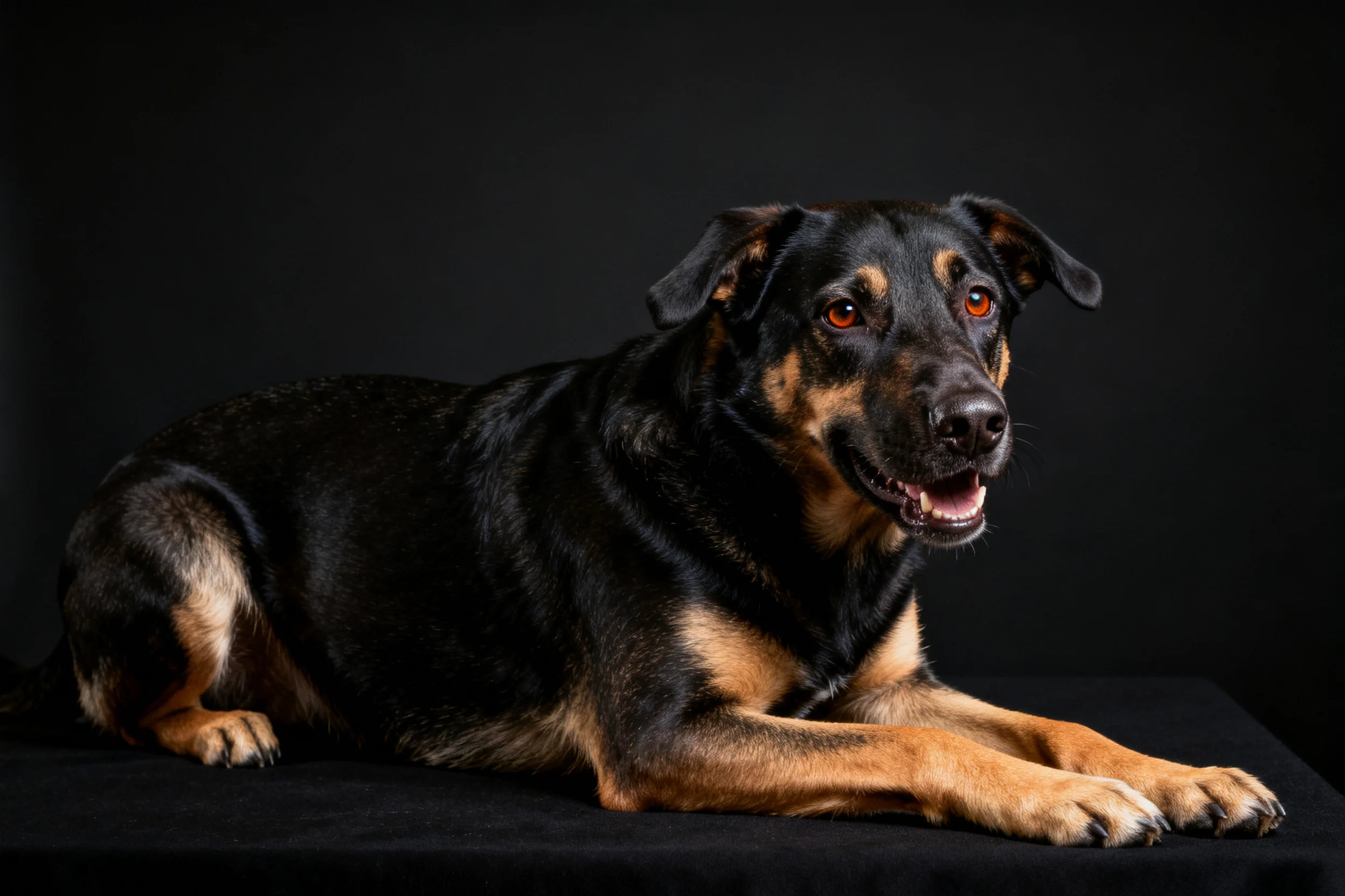 一只黑棕相间的混种犬趴卧在纯黑背景下,眼部明亮,嘴巴张开露出牙齿。