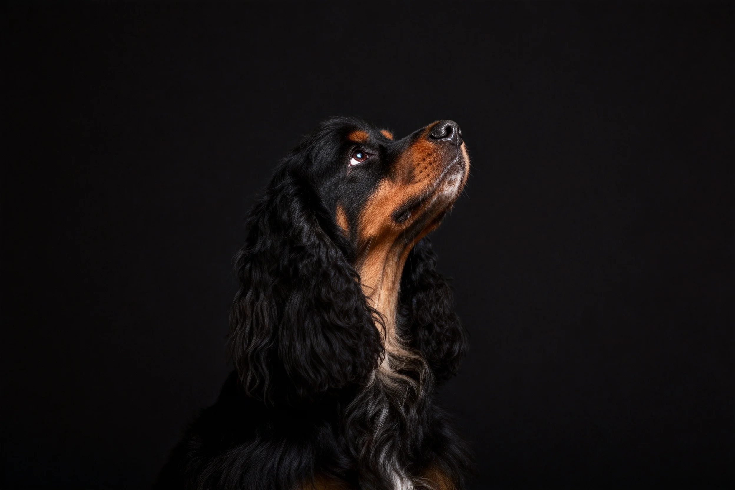 英国可卡犬目光注视上方,黑棕相间的长卷毛清晰可见,毛发顺滑且有光泽。