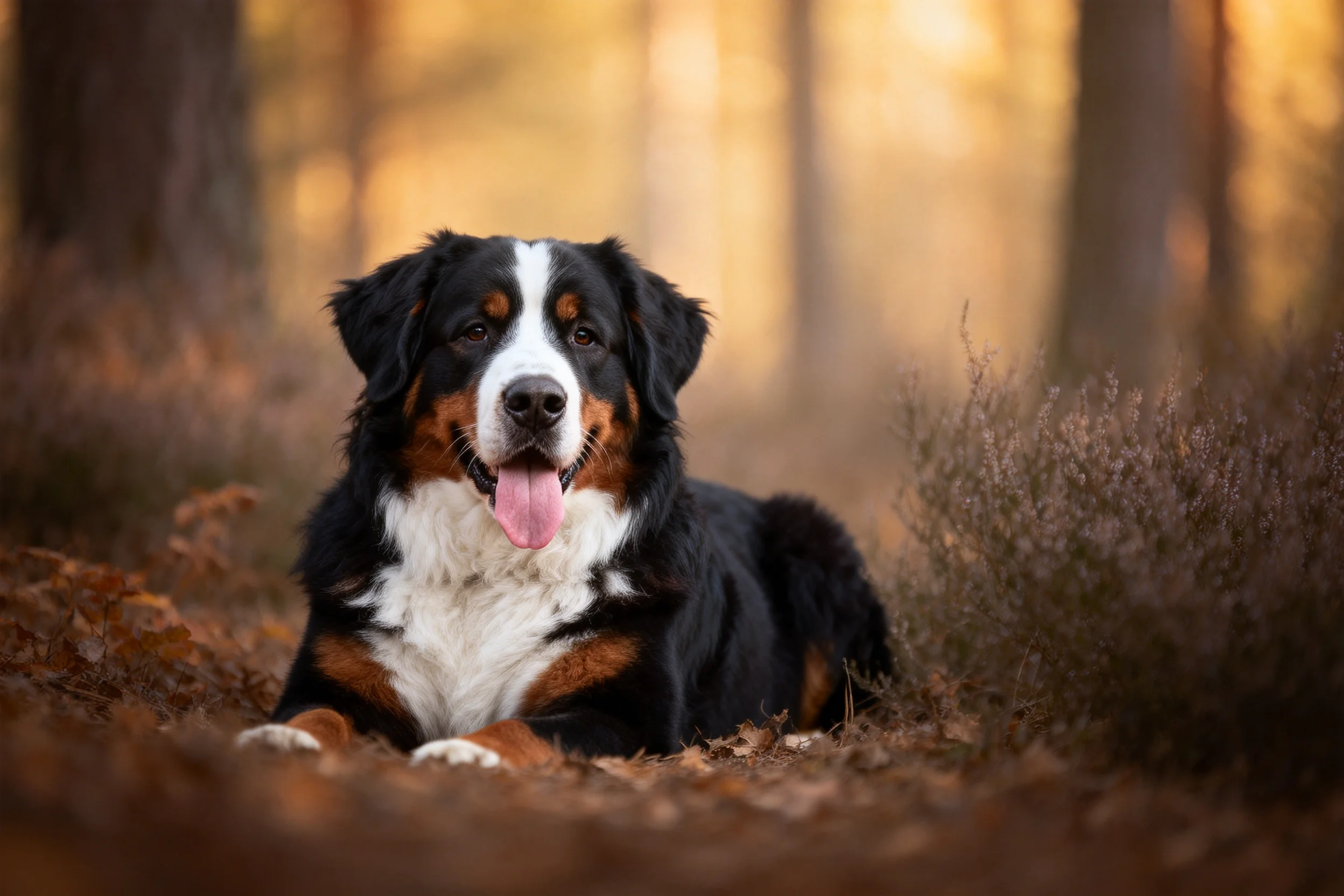 伯恩山犬安静地趴卧在森林落叶中,张开粉色舌头,黑白棕三色毛发清晰可见。