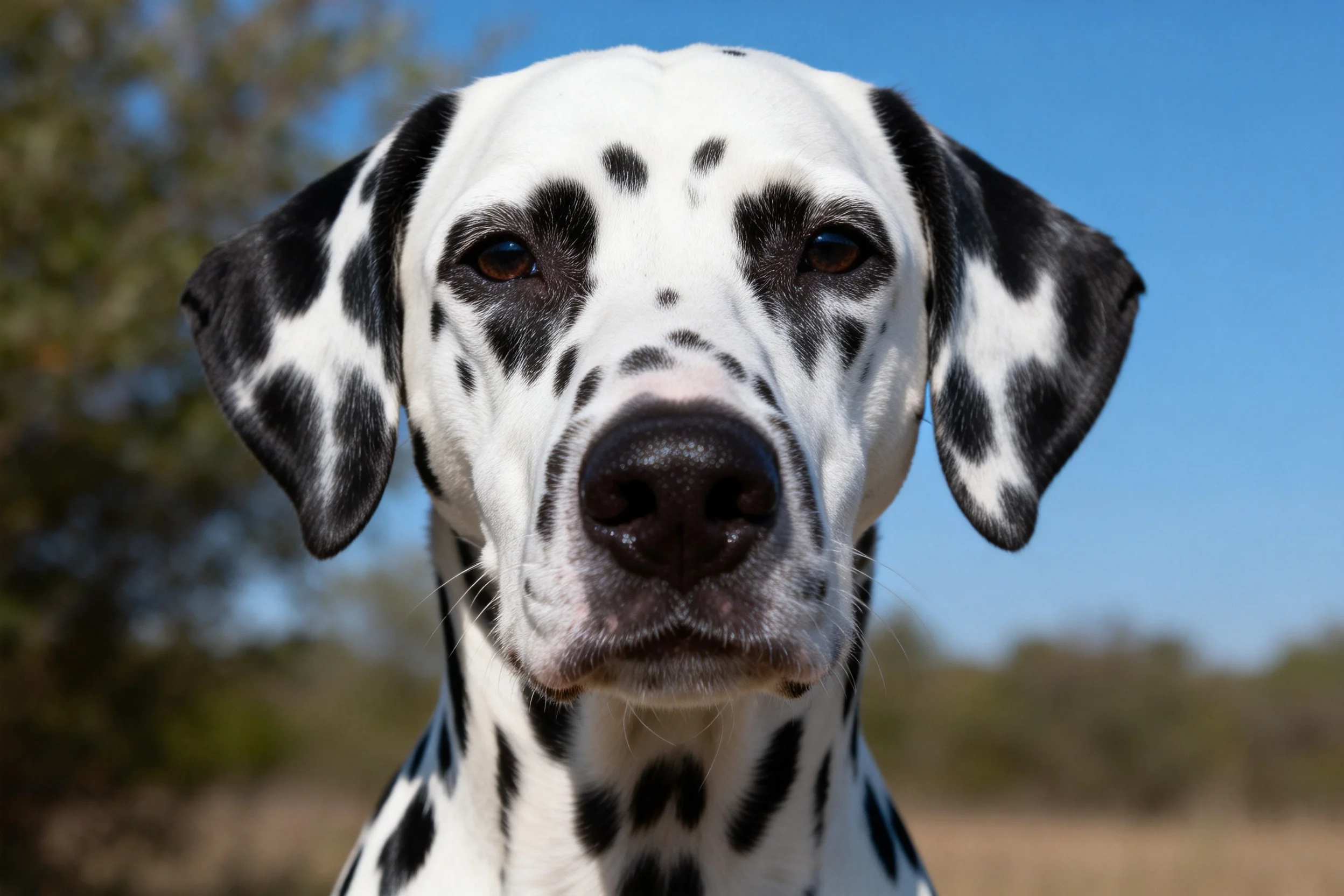 达尔马提犬有着典型的黑白斑点花纹,黑色的斑点均匀分布在白色被毛上,鼻子呈深色且鼻尖圆润。