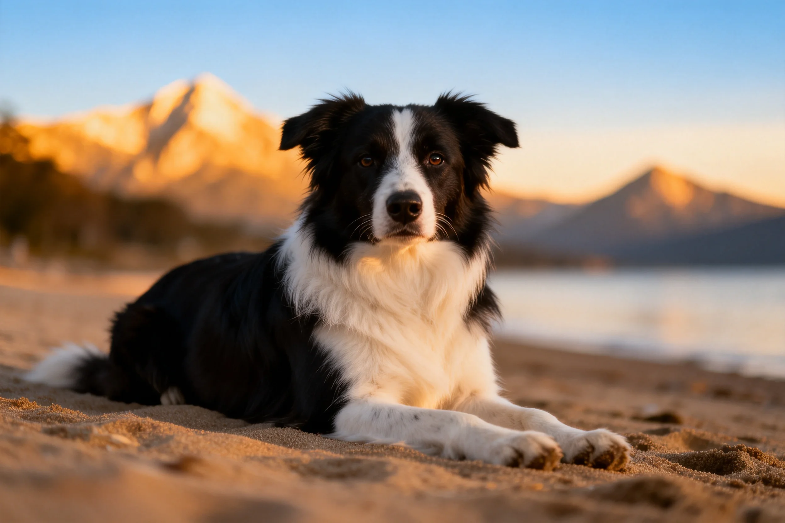 边境牧羊犬黑白相间的毛发舒展在沙滩上,眼神平静注视前方。