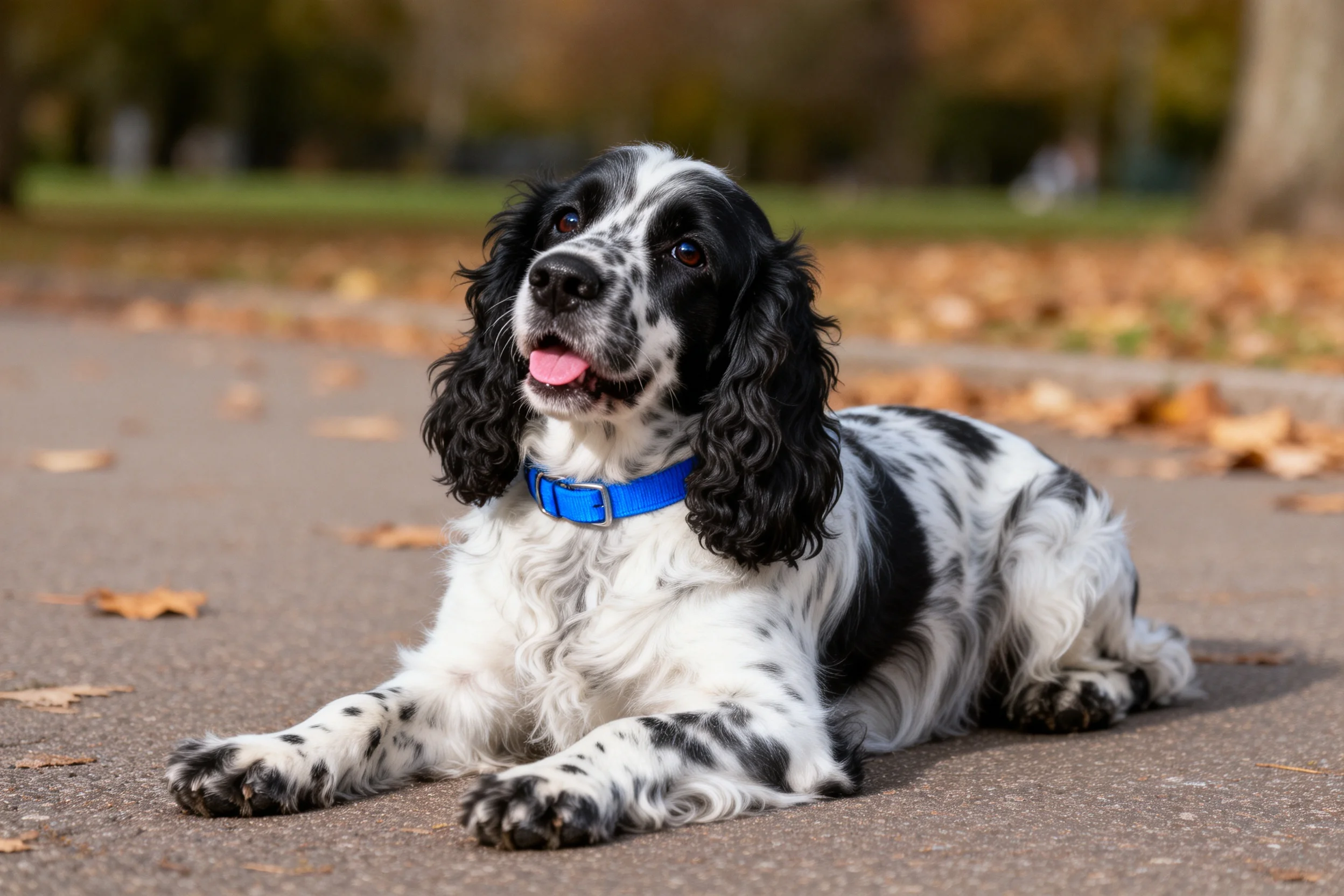 英国可卡犬侧卧在步道上,黑白相间的被毛带有斑点,佩戴蓝色项圈。