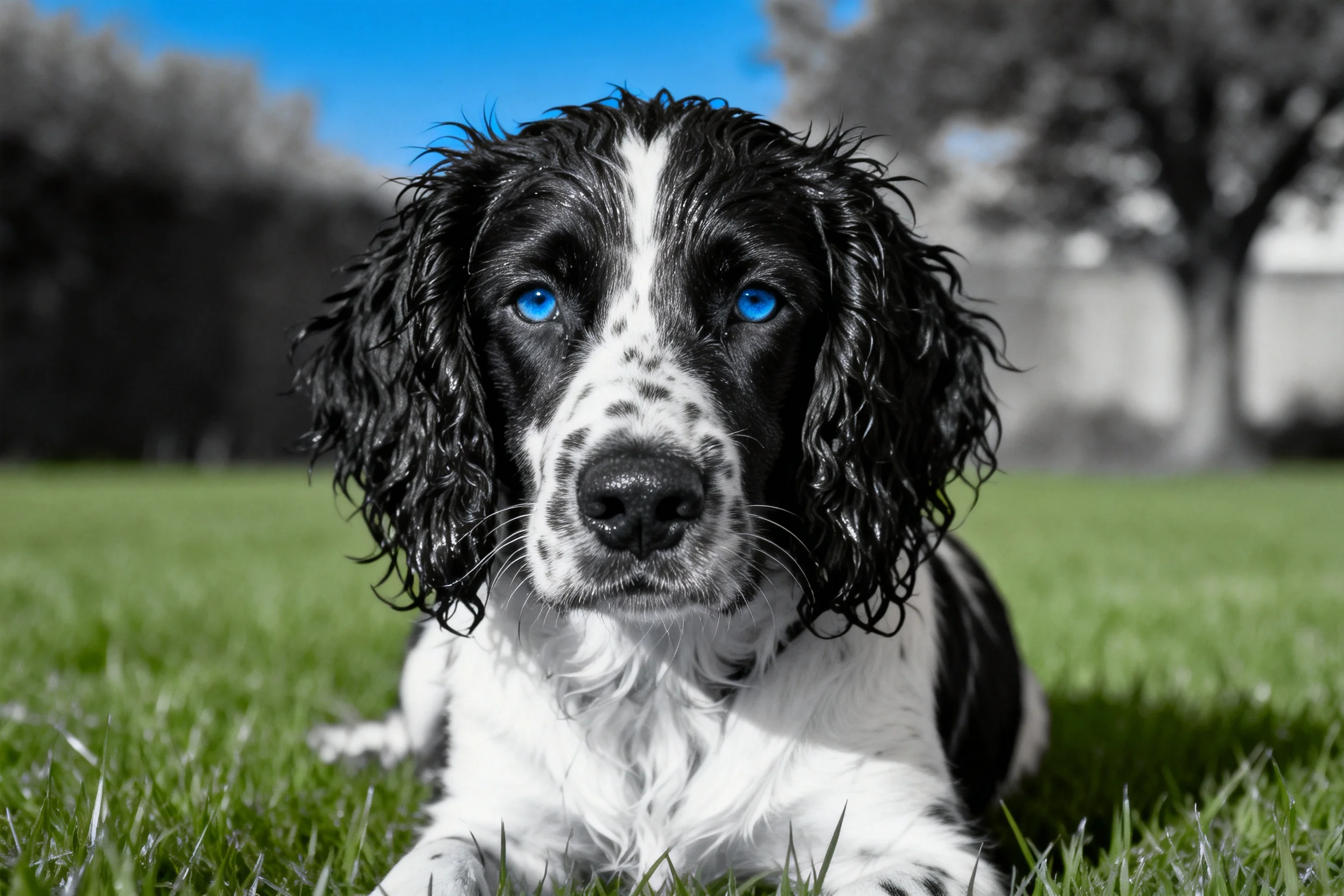 英国史宾格犬趴卧在草坪上,拥有黑白相间的卷毛和明亮的蓝色眼睛。