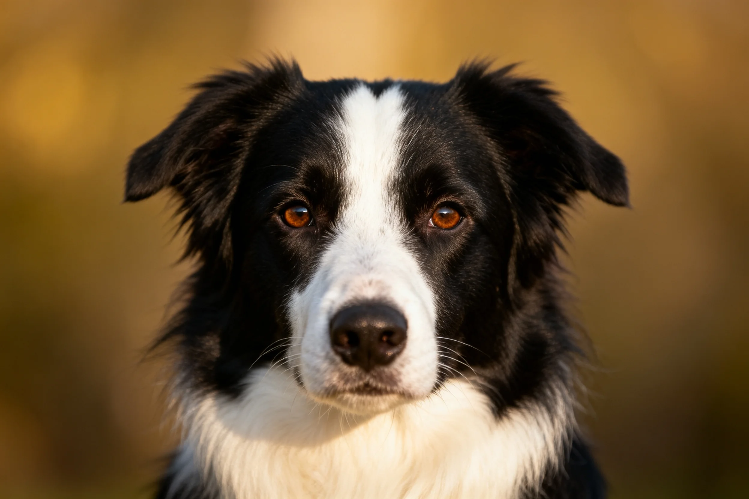这是一只边境牧羊犬,拥有黑白相间的被毛,眼睛呈暖棕色,目光专注。