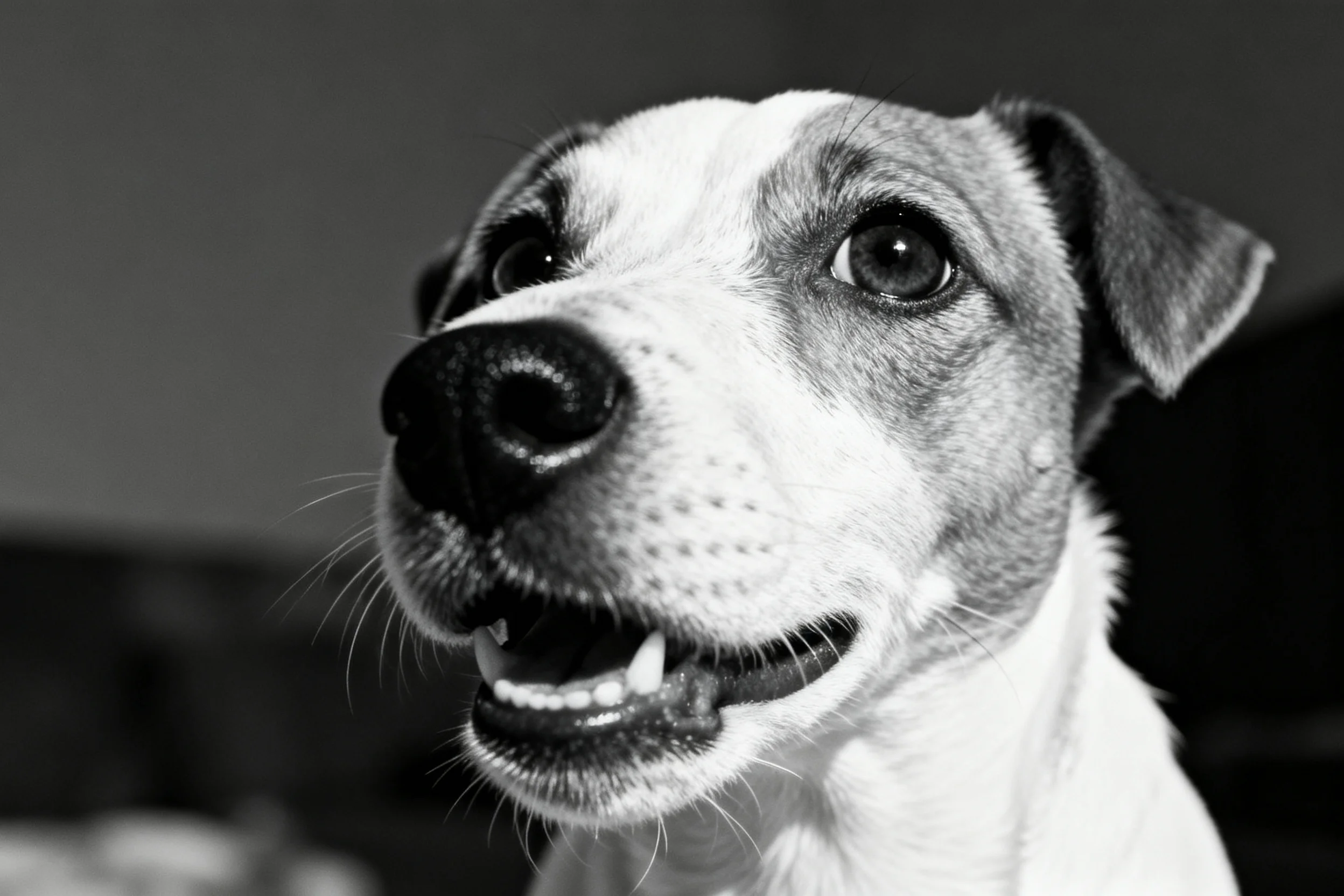 这是一只杰克罗素梗犬,黑白照片中它有着黑色的鼻头和明亮的眼睛,嘴巴张开露出牙齿,耳朵微微向前倾斜。