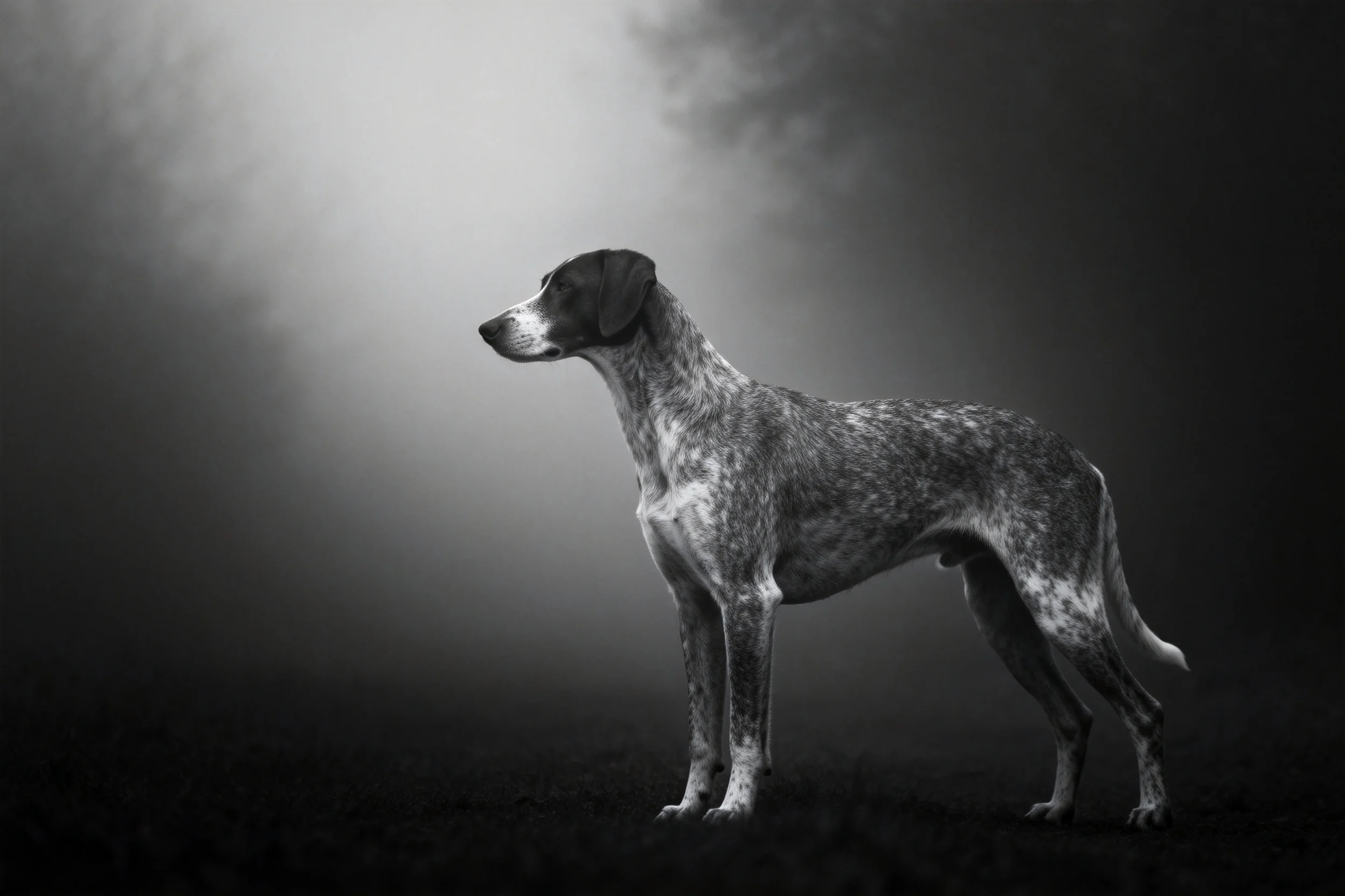 一只指示猎犬站在深色背景前,带有斑点纹理的皮毛清晰可见,头部转向一侧。