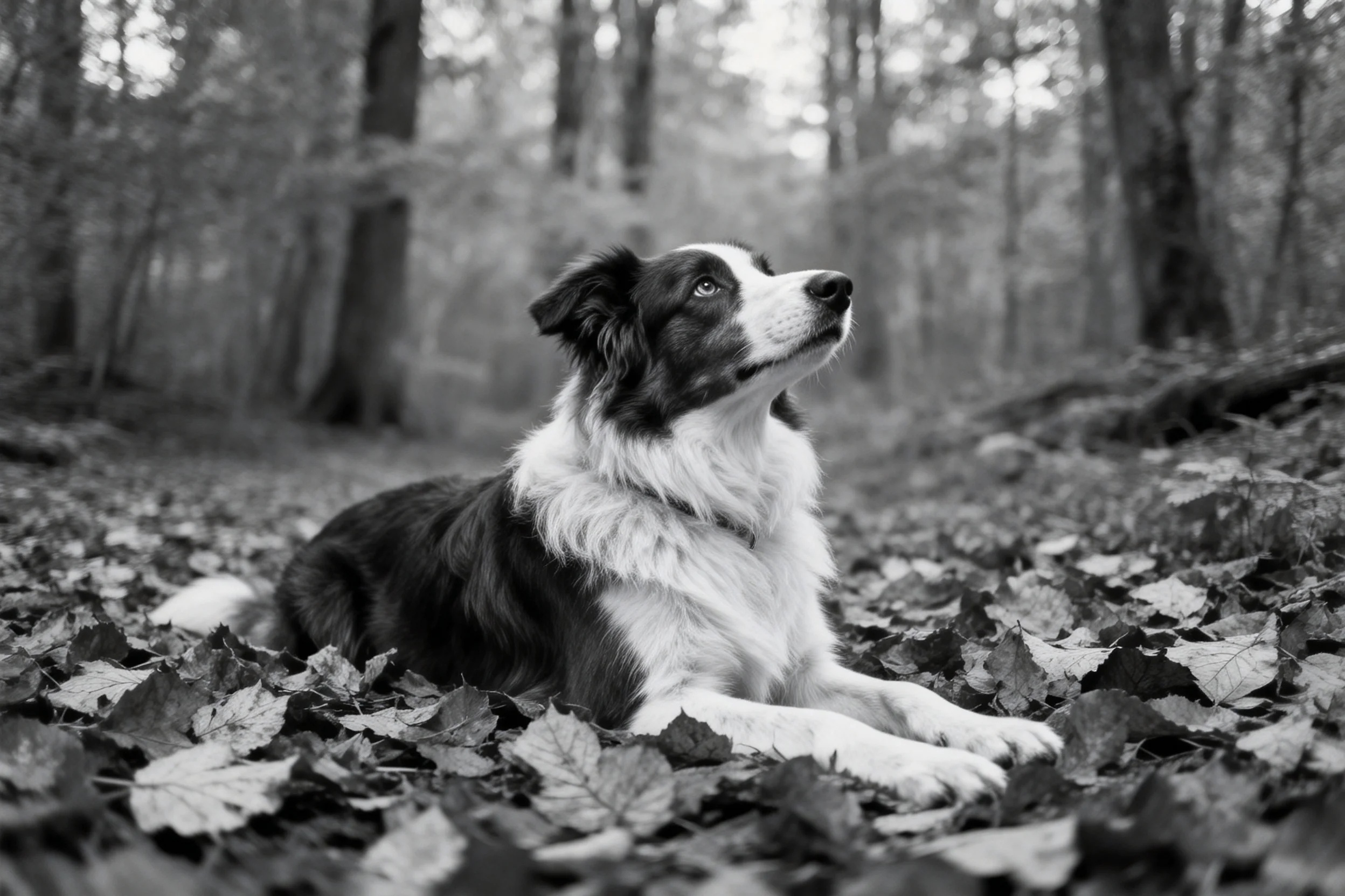 边境牧羊犬安静趴卧在落叶覆盖的地面上,黑白相间的毛发清晰可见。