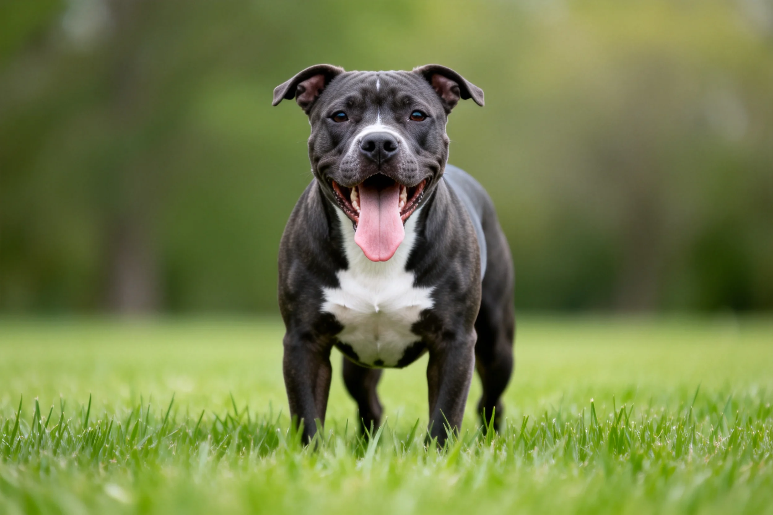 一只斯塔福德梗犬站在草地上,露出粉红色舌头,黑色短毛带有白色胸部斑块。