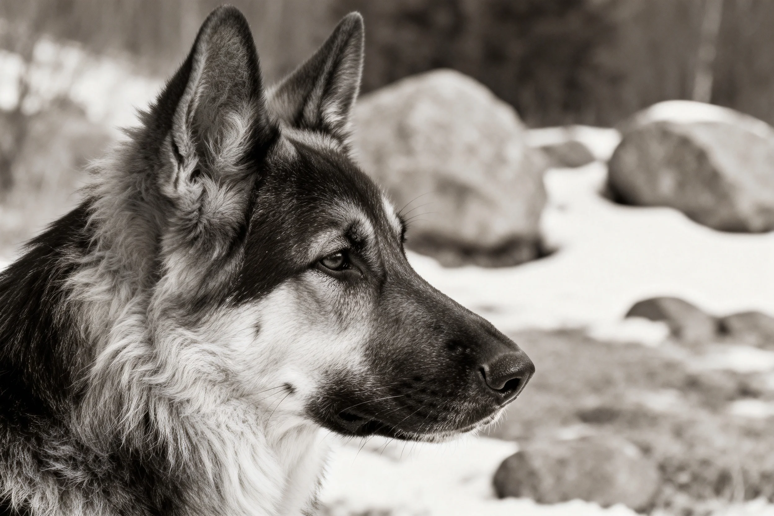 德国牧羊犬在冬季雪地场景中,黑白摄影下其竖立的耳朵和专注的眼神清晰可见。