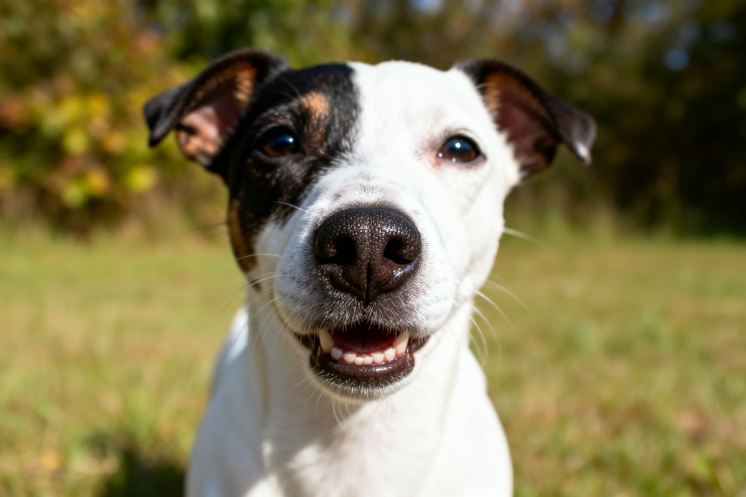 一只黑白相间的杰克罗素梗犬,白色面部带有黑色斑块,嘴巴张开,处于户外环境。