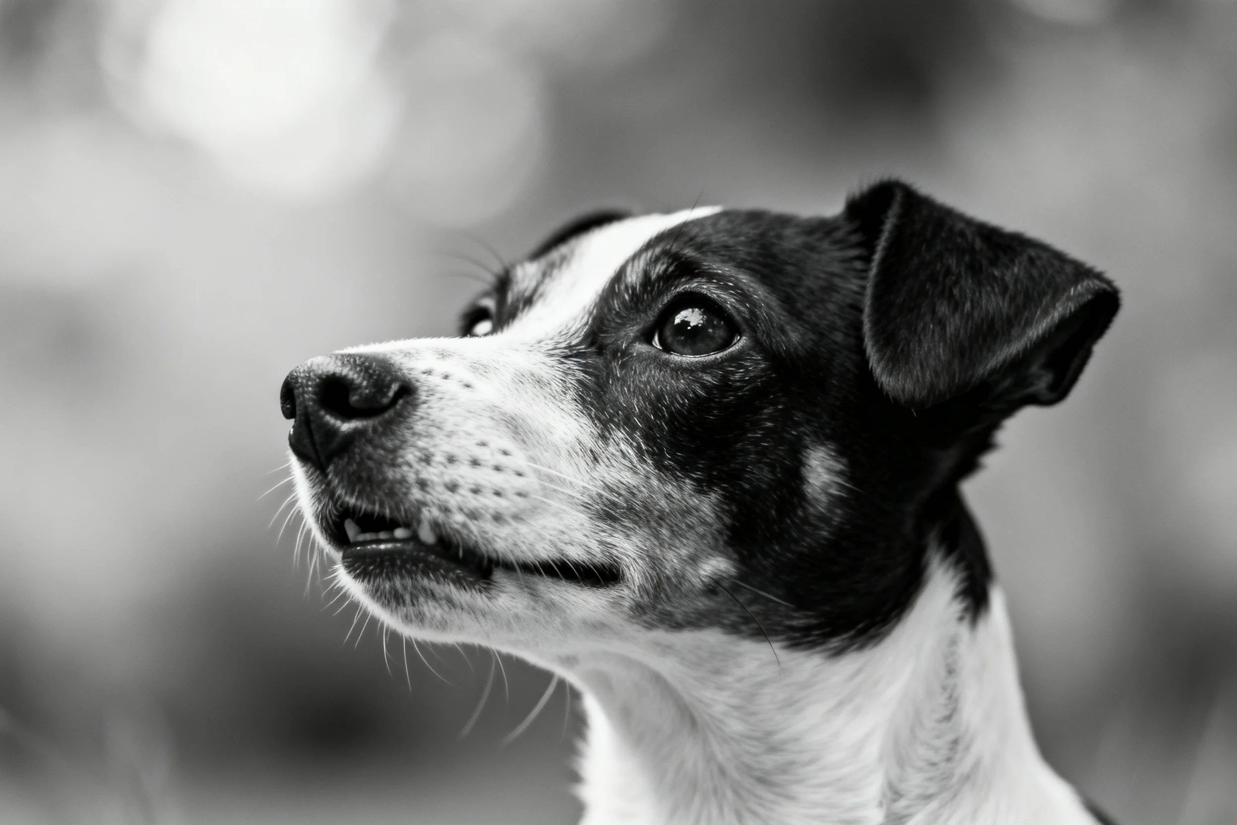 黑白的杰克罗素梗犬眼神专注,耳朵竖起,面部黑白纹理分明。