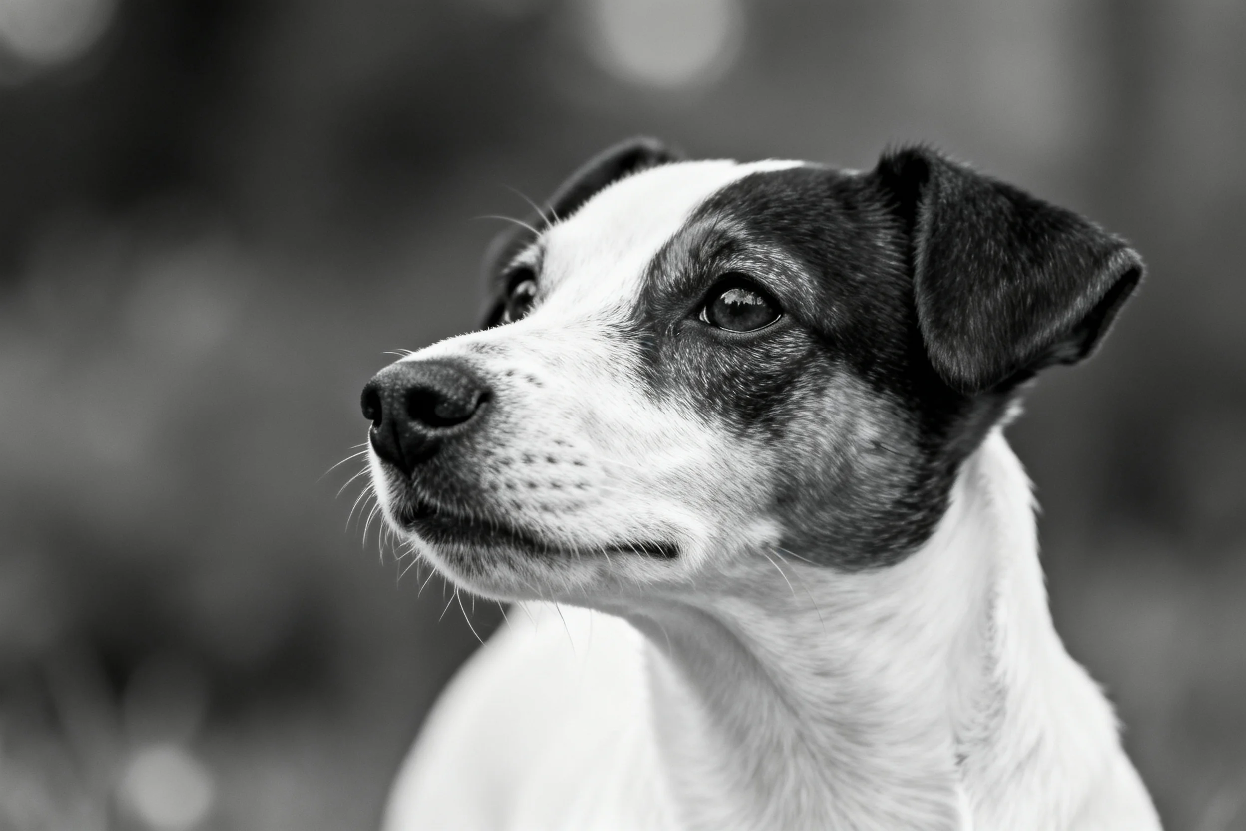杰克罗素梗犬有着黑白相间的被毛,黑色的耳朵竖立在头部两侧,眼睛明亮注视前方。