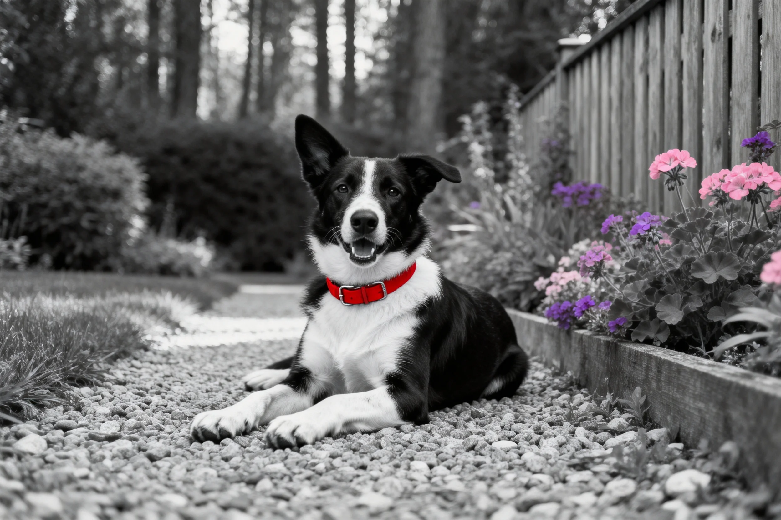 边境牧羊犬安静趴卧,黑白被毛与红色项圈清晰可见,前爪伸展在鹅卵石小径上。