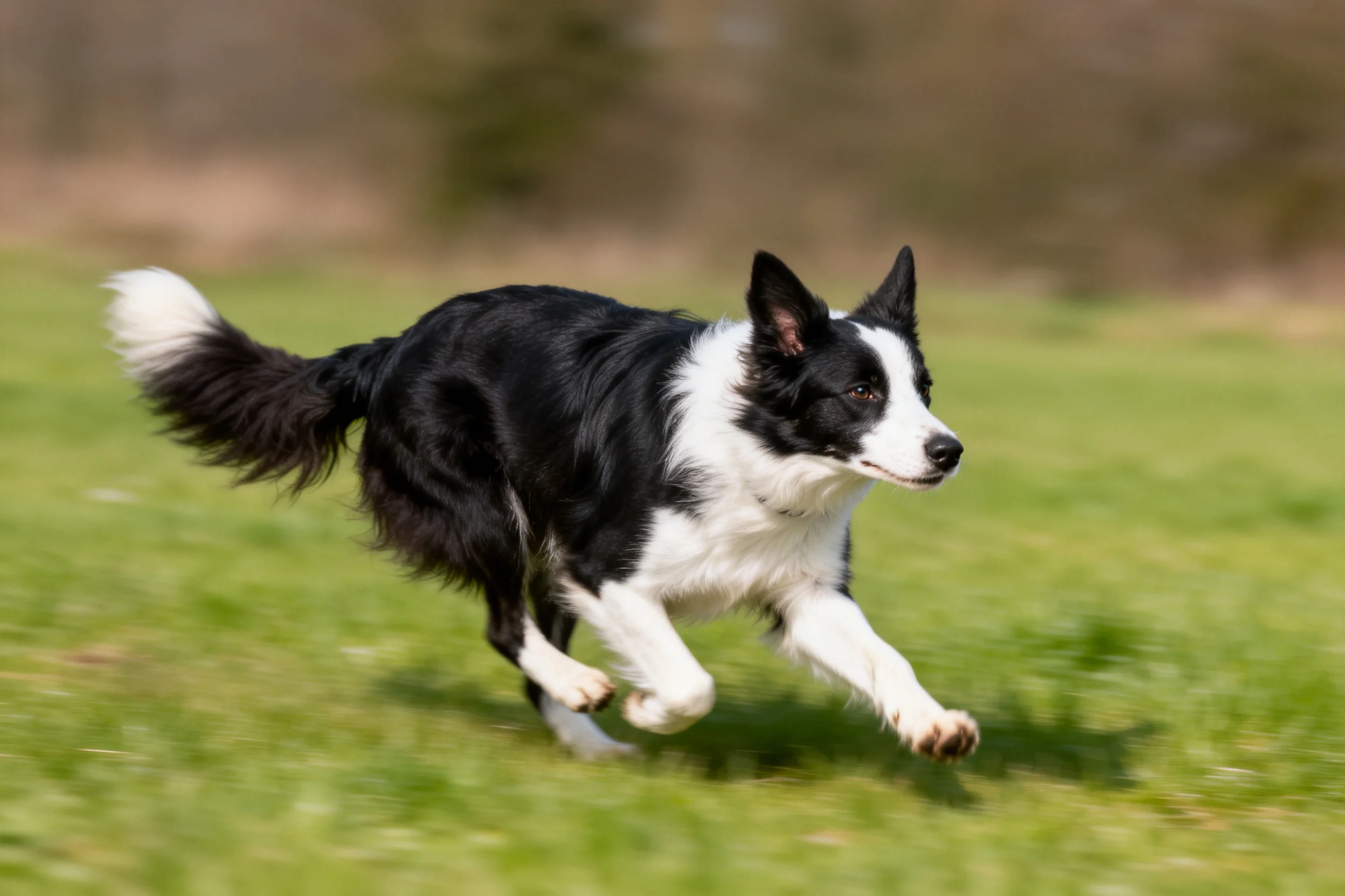 边境牧羊犬黑白相间的毛发清晰可见,奔跑时前爪抬起,展现出敏捷的动作。