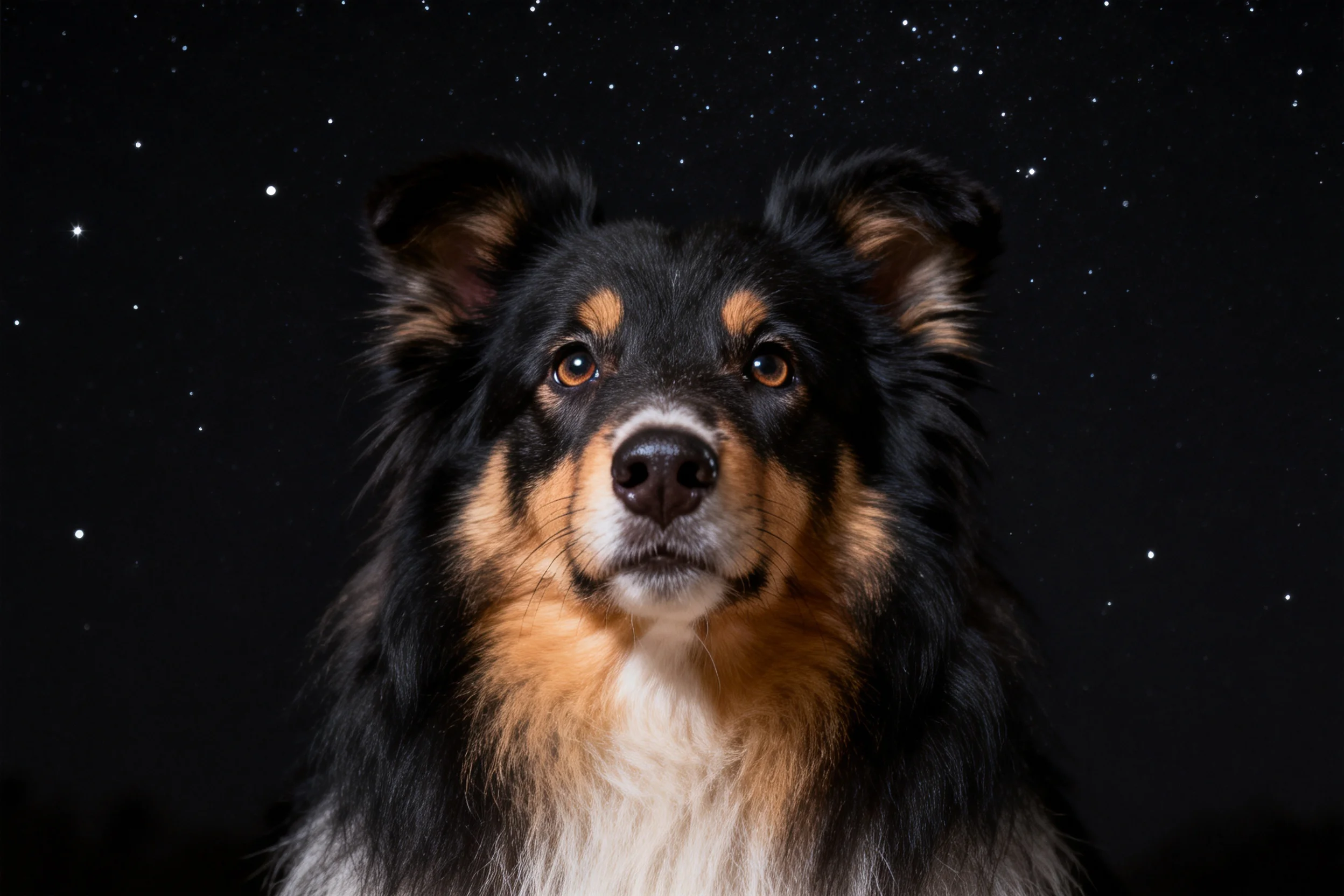 设得兰牧羊犬眼神专注,黑色毛发蓬松,面部有棕色斑纹。