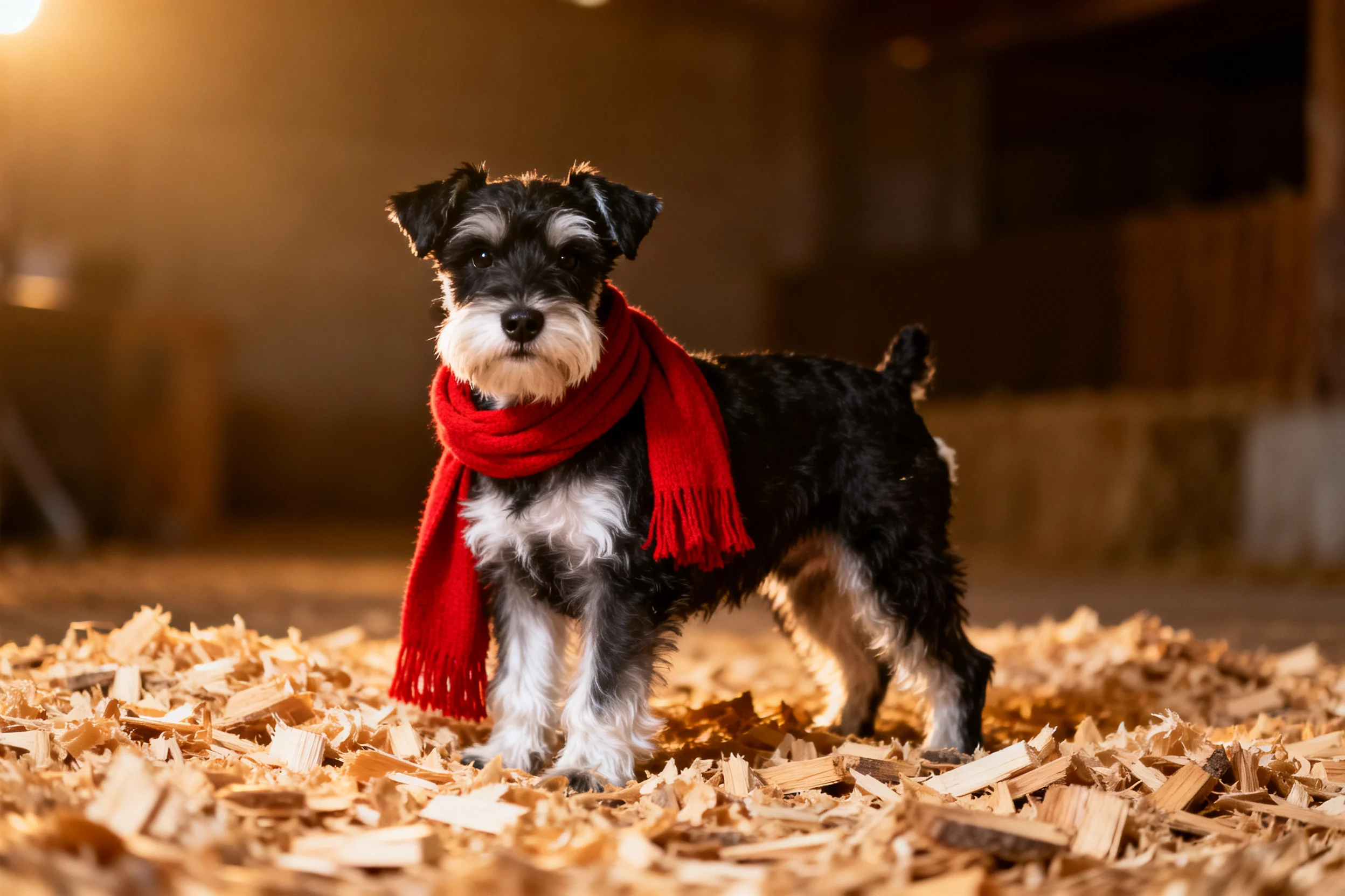 雪纳瑞犬脖颈处围着红色围巾,黑白相间毛发清晰可见。