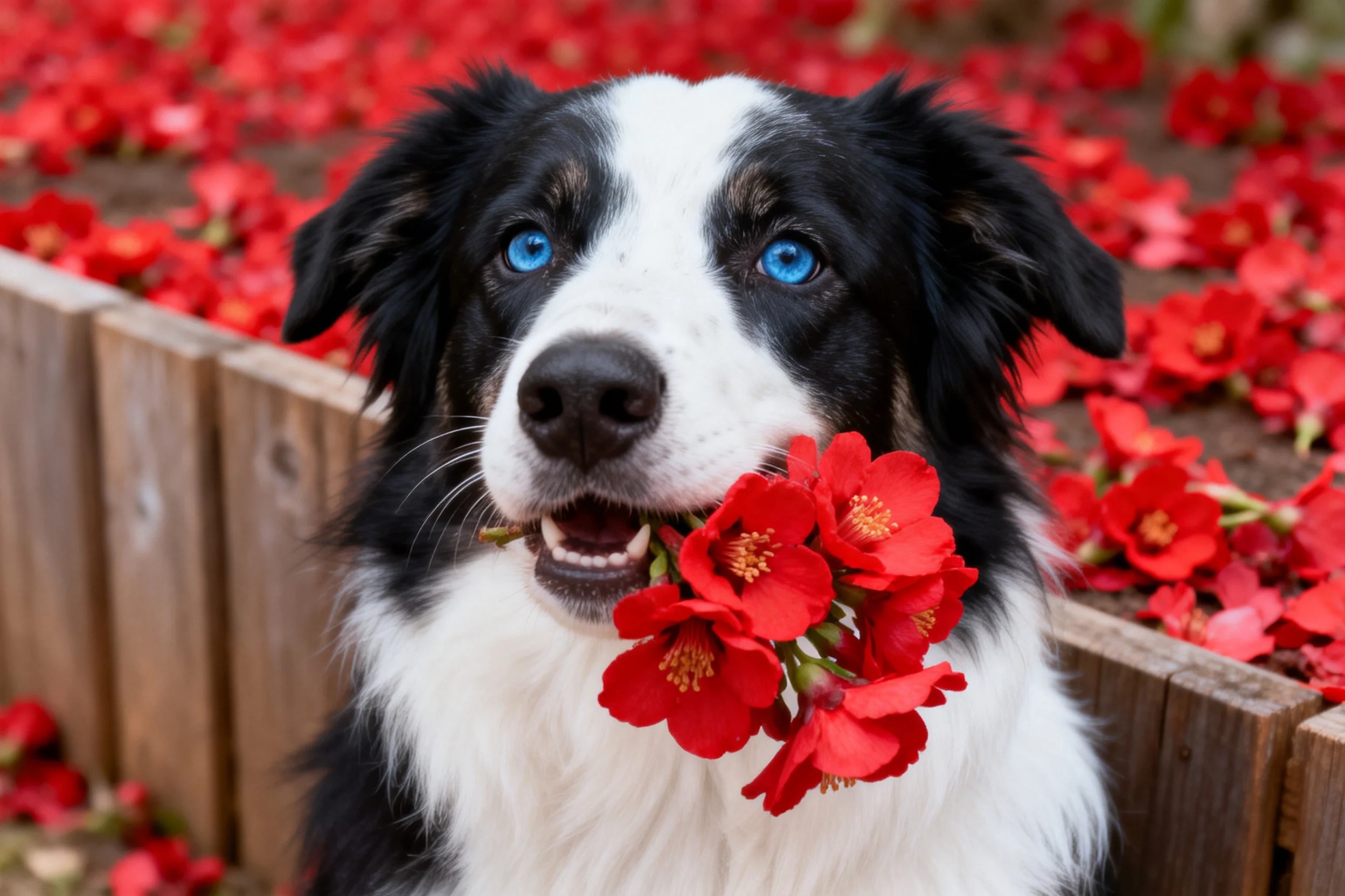 一只澳州牧羊犬叼着红色鲜花，蓝眼睛明亮，黑白相间的被毛柔软蓬松。