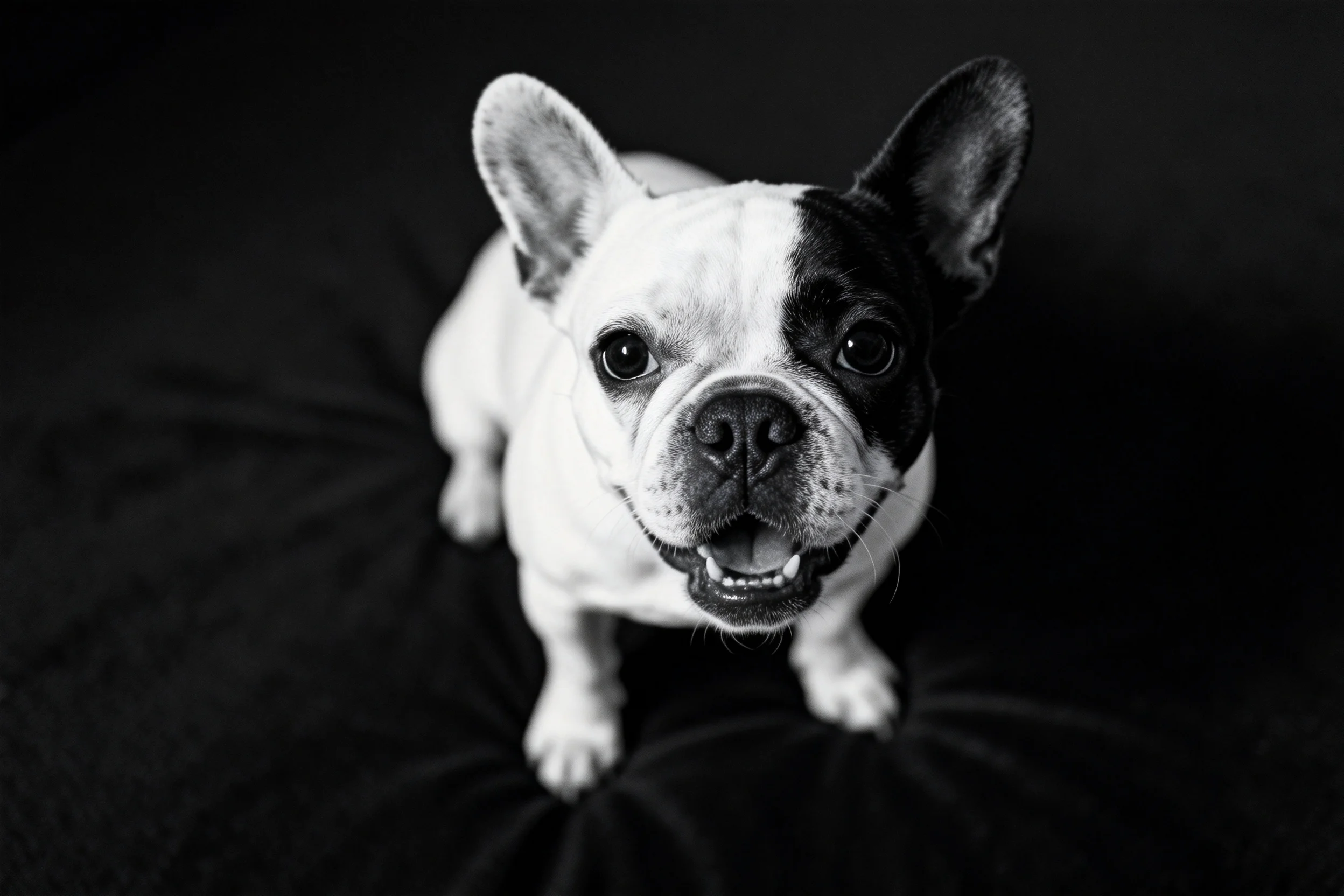 法斗犬黑白特写，面部黑白分界明显，短鼻特征清晰可见。