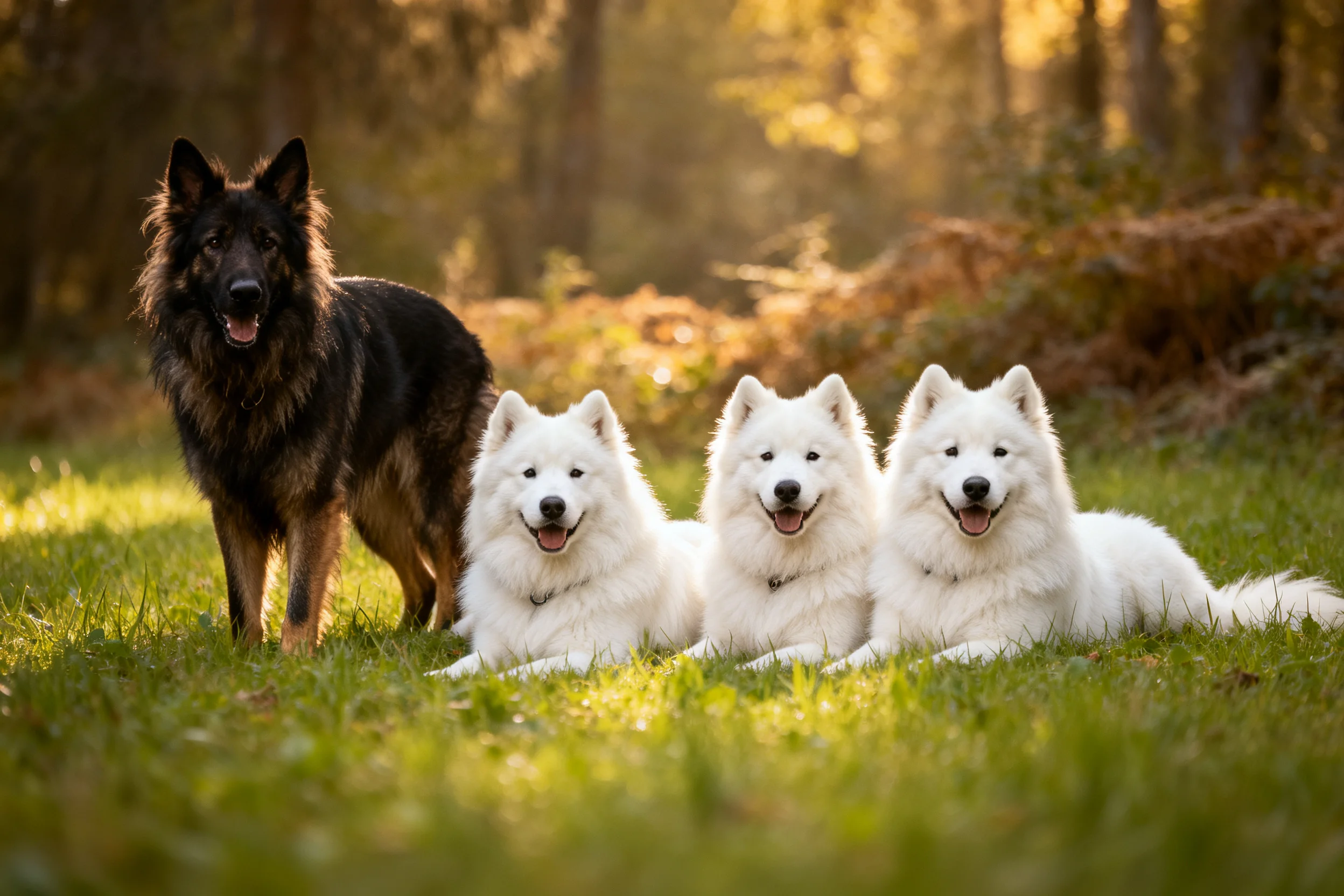 德牧犬与三只萨摩耶犬在林间草地上,萨摩耶犬的白色毛发蓬松柔软。