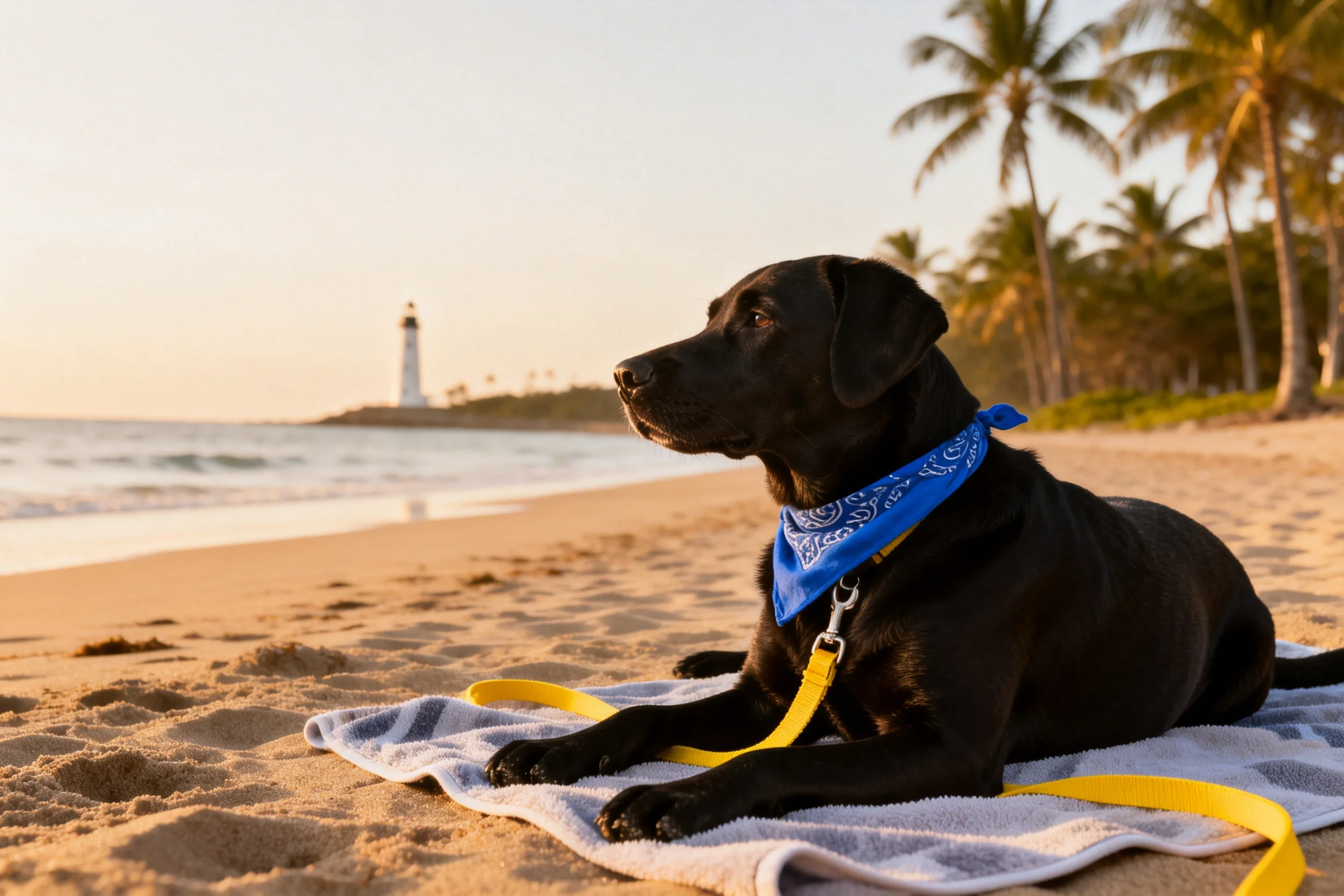 一只黑色的拉布拉多猎犬戴着蓝色围巾趴在沙滩毛巾上,黄色牵引绳搭在前爪处。