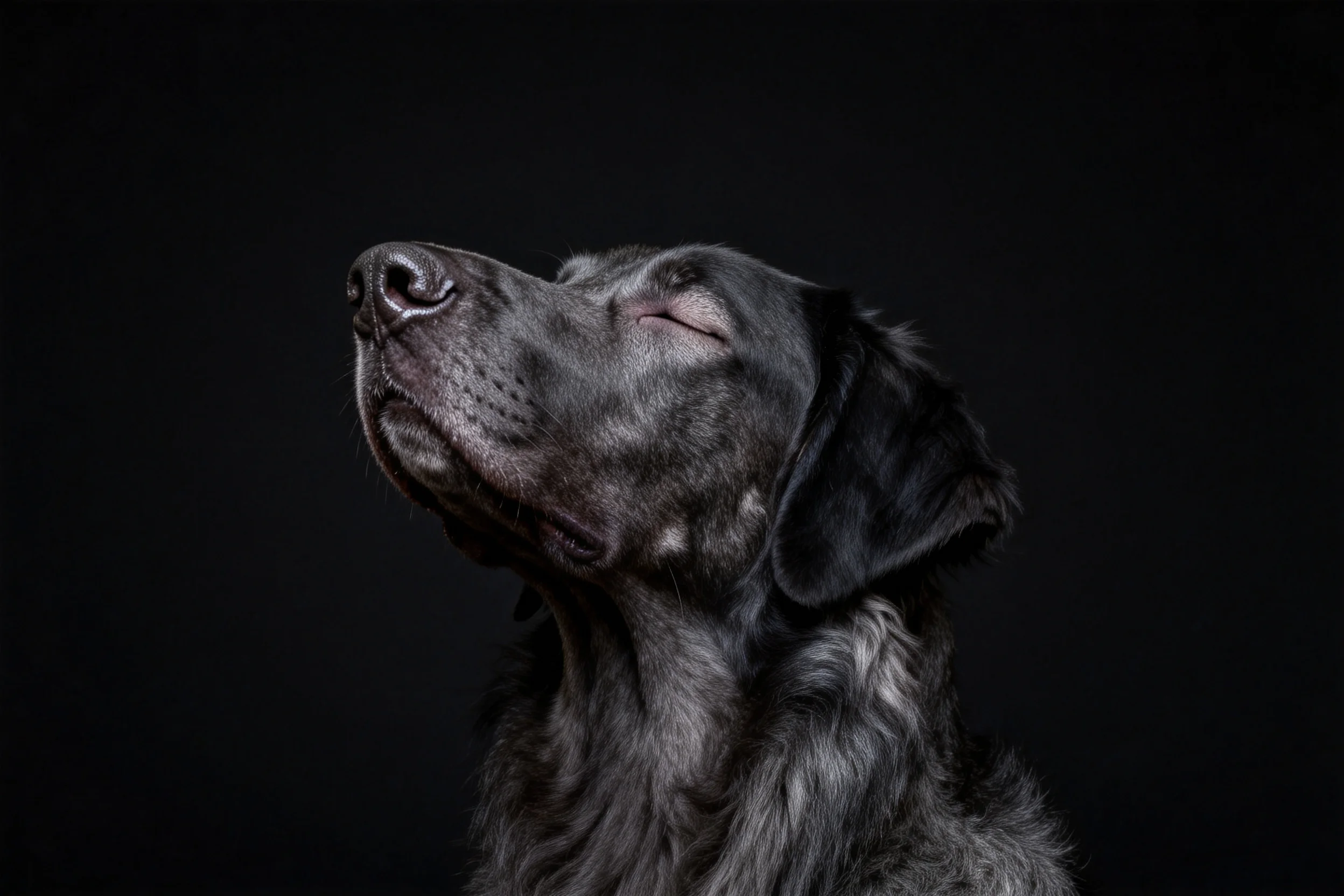 黑色长毛寻回犬抬头凝视时,眼部附近毛发柔软,面部轮廓清晰可辨。