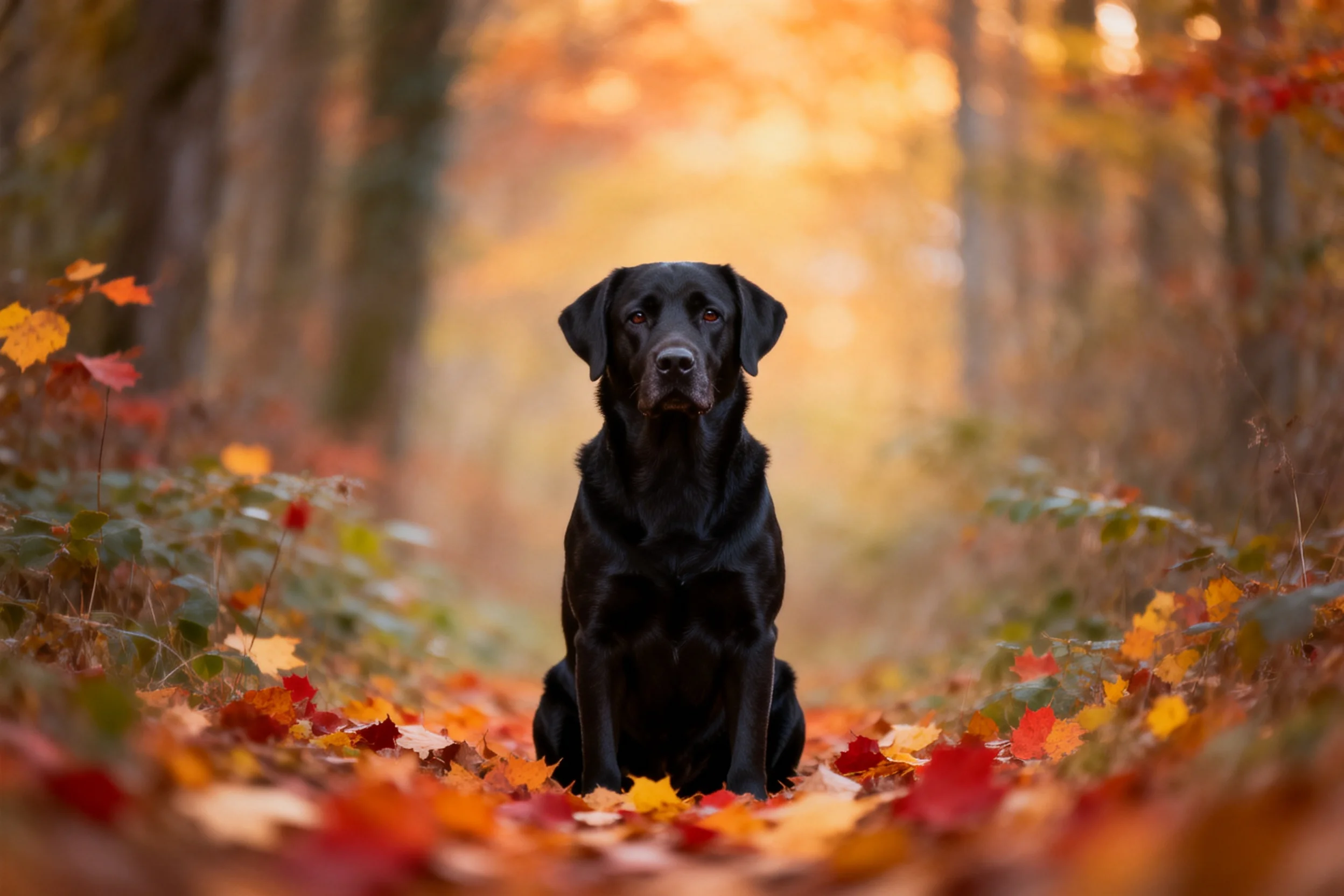 黑色拉布拉多猎犬安静坐着,乌黑的被毛在暖光下泛着光泽,周围散落着红色和橙色的落叶。