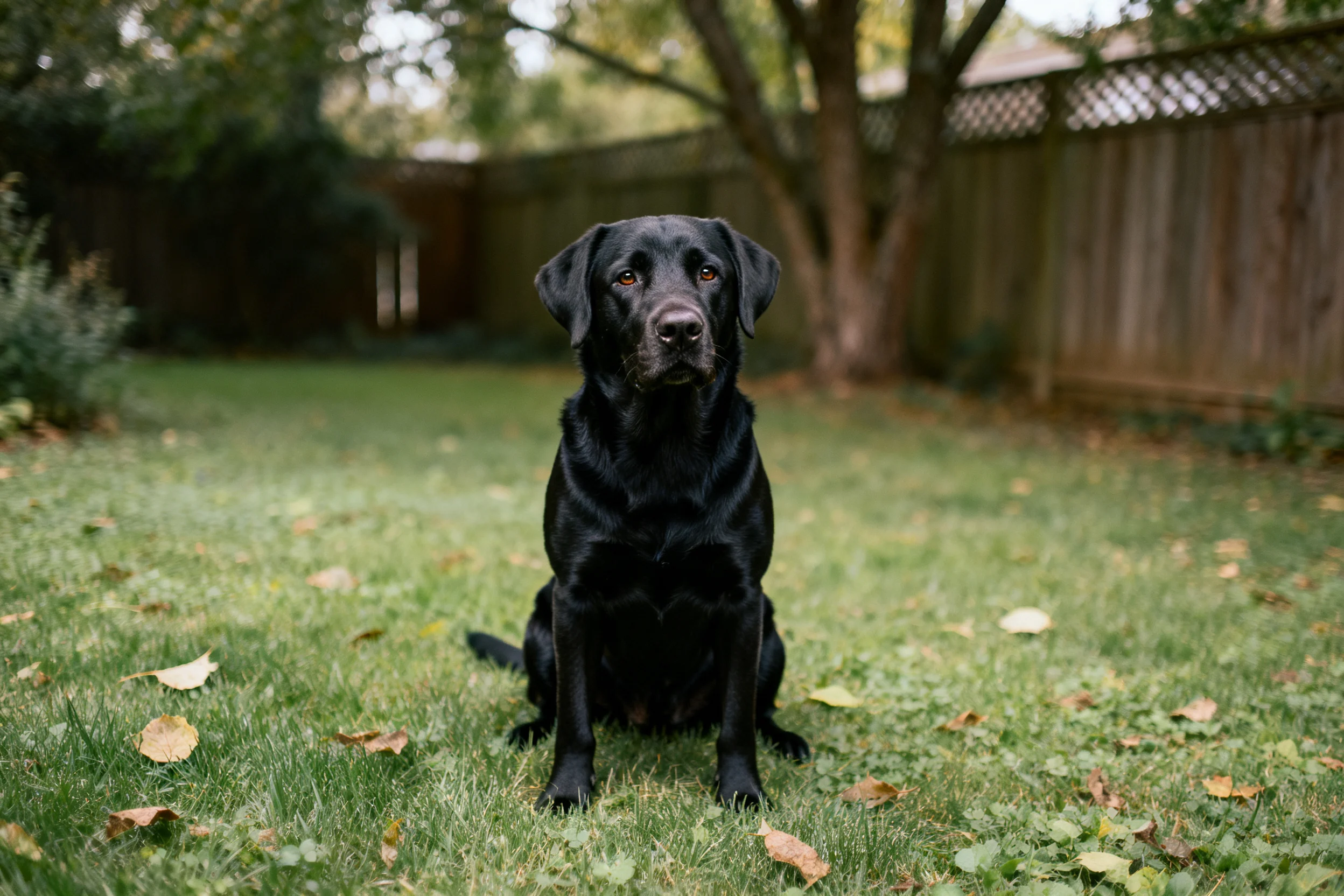 黑色拉布拉多猎犬正安静地坐在户外草坪上,短毛泛着光泽,周围散落着枯黄落叶。